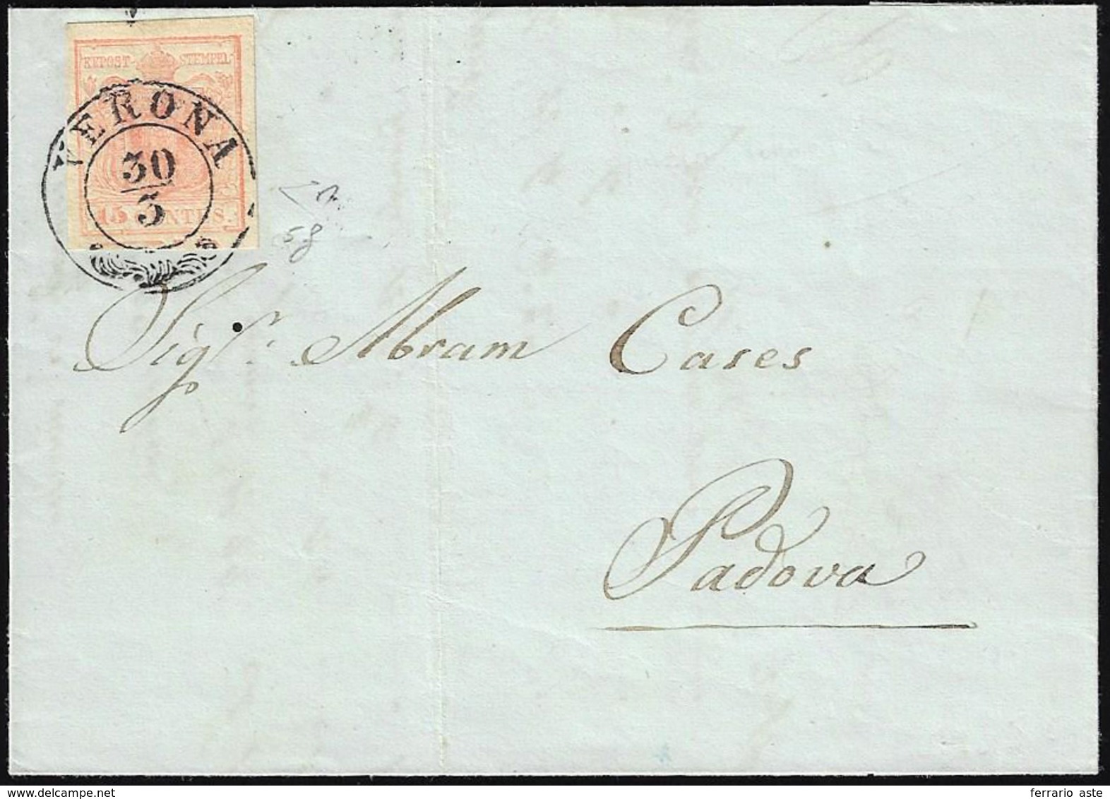1852 - 15 Cent. Rosa, II Tipo, Carta A Mano, Spazio Tipografico In Basso (5f), Perfetto, Su Lettera ... - Lombardo-Vénétie