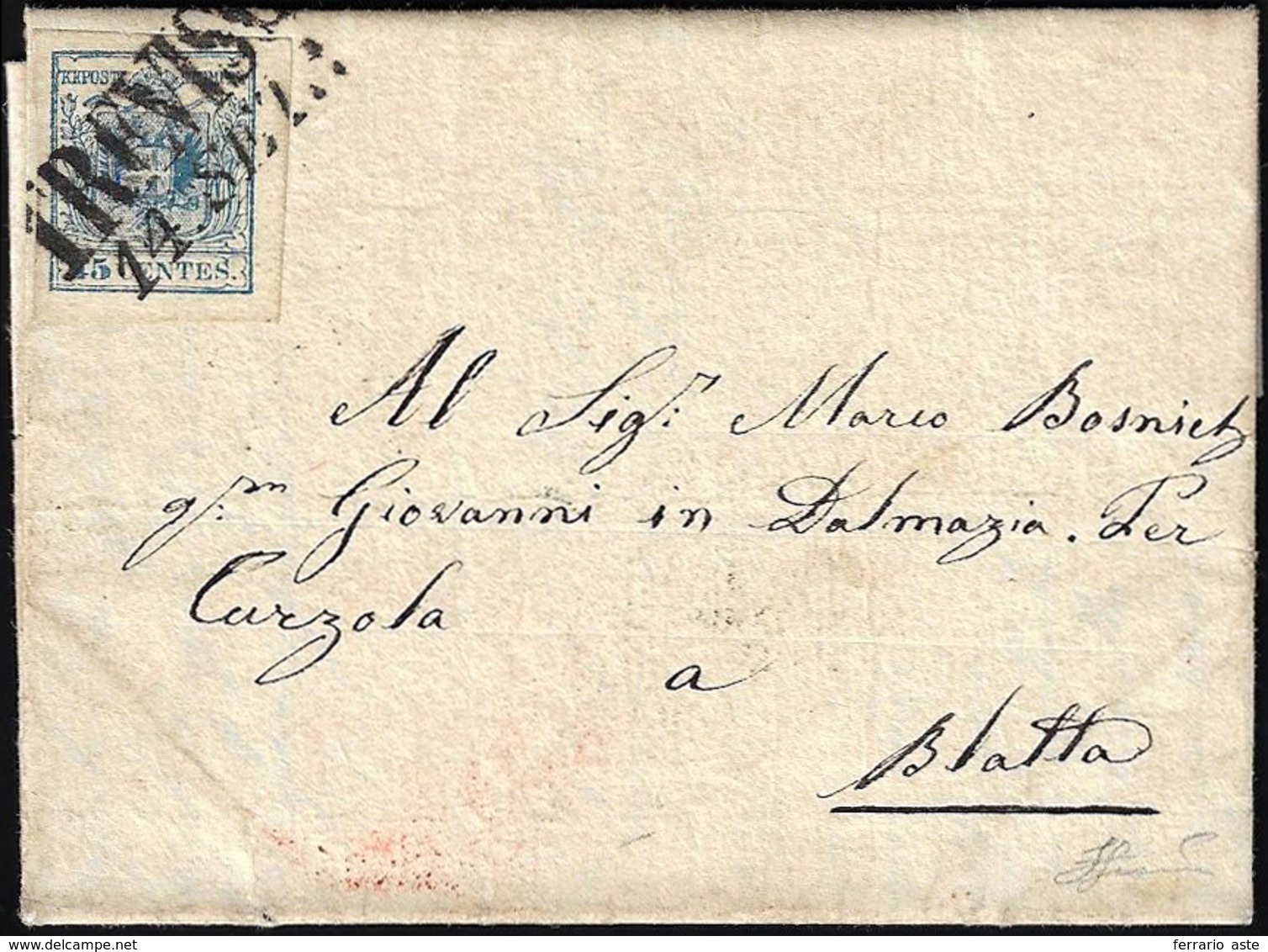 1855 - 45 Cent. Azzurro, III Tipo, Carta A Mano (12), Perfetto, Su Lettera Da Treviso 14/9/1855 A Bl... - Lombardo-Vénétie