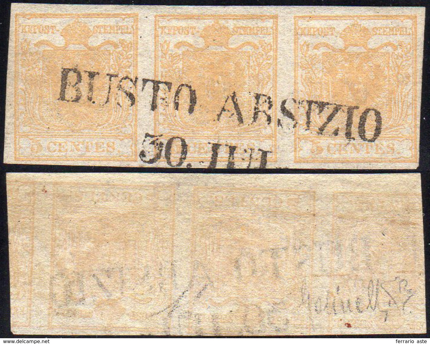 1851 - 5 Cent. Giallo Ocra, Stampa Recto-verso, Controstampa Capovolta (13), Striscia Orizzontale Di... - Lombardo-Vénétie