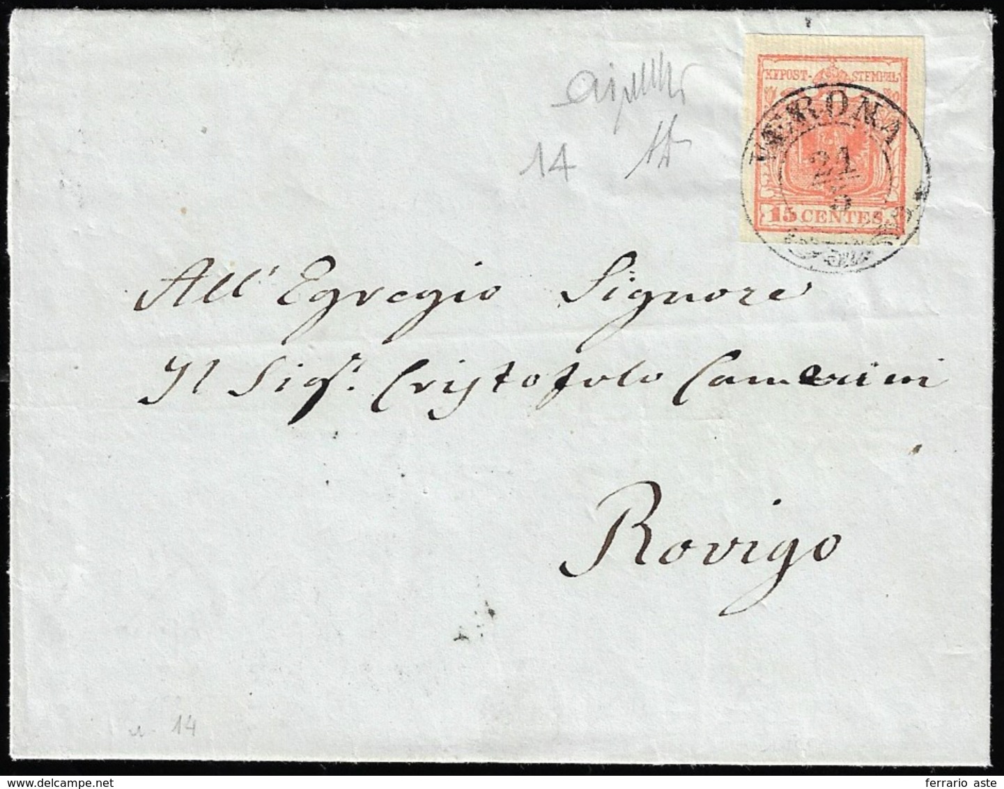 1851 - 15 Cent. Rosso Vermiglio, I Tipo, Carta A Coste Verticali (14), Perfetto, Su Lettera Da Veron... - Lombardo-Vénétie