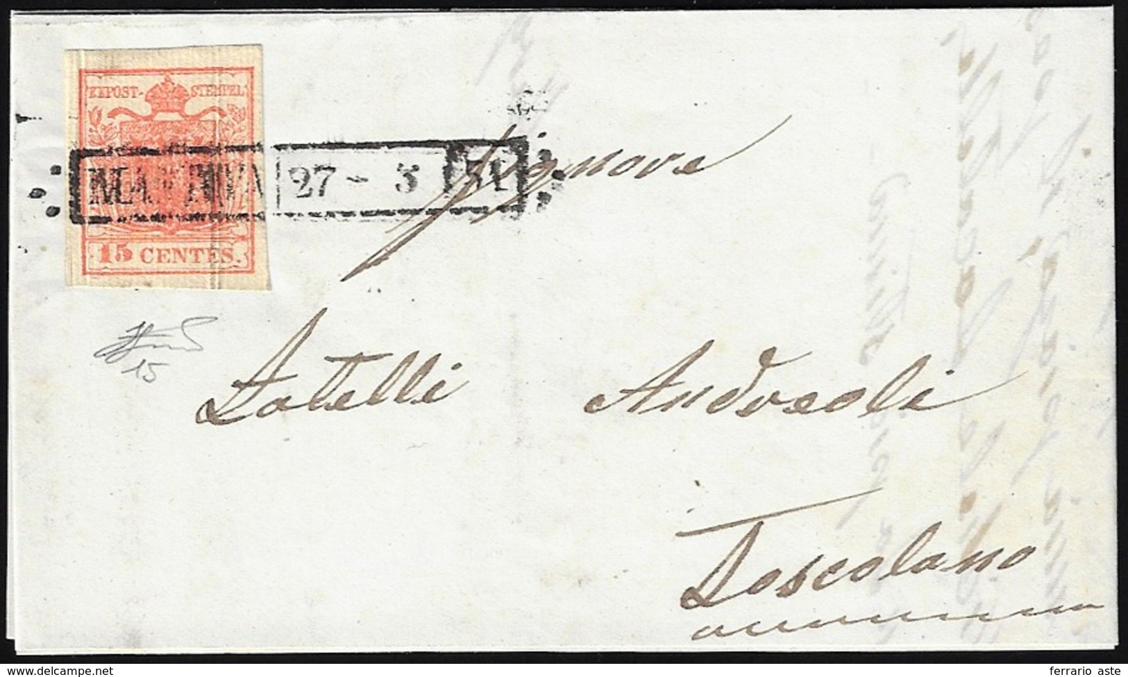 1851 - 15 Cent. Rosso Vermiglio, II Tipo, Carta A Coste Verticali (15), Perfetto, Su Lettera Da Mant... - Lombardo-Vénétie