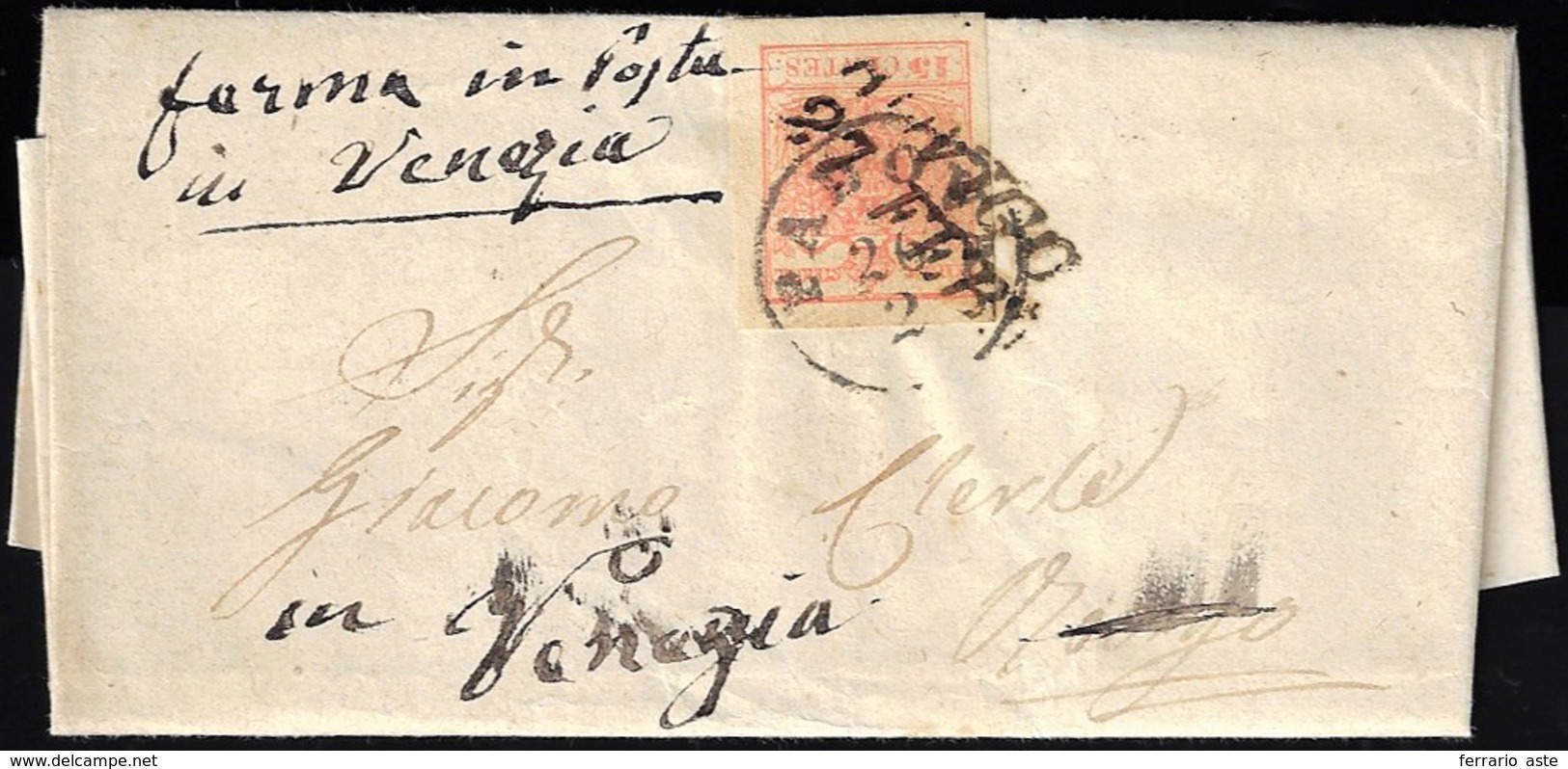 1855 - 15 Cent. Rosso Vermiglio, Carta A Macchina (20), Perfetto, Su Lettera Da Padova 26/2/1855 A R... - Lombardo-Vénétie