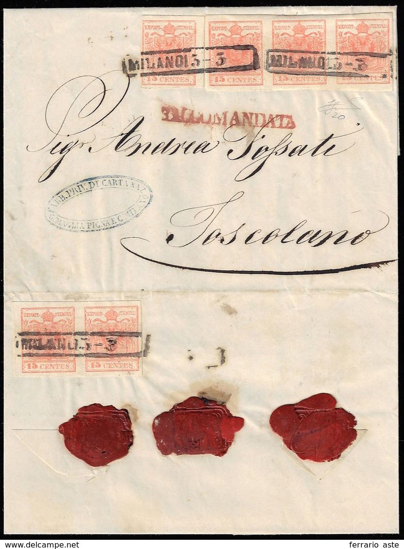 1858 - 15 Cent. Rosso Vermiglio, Carta A Macchina (20), Striscia Di Tre Al Recto, Al Verso Coppia, T... - Lombardo-Vénétie