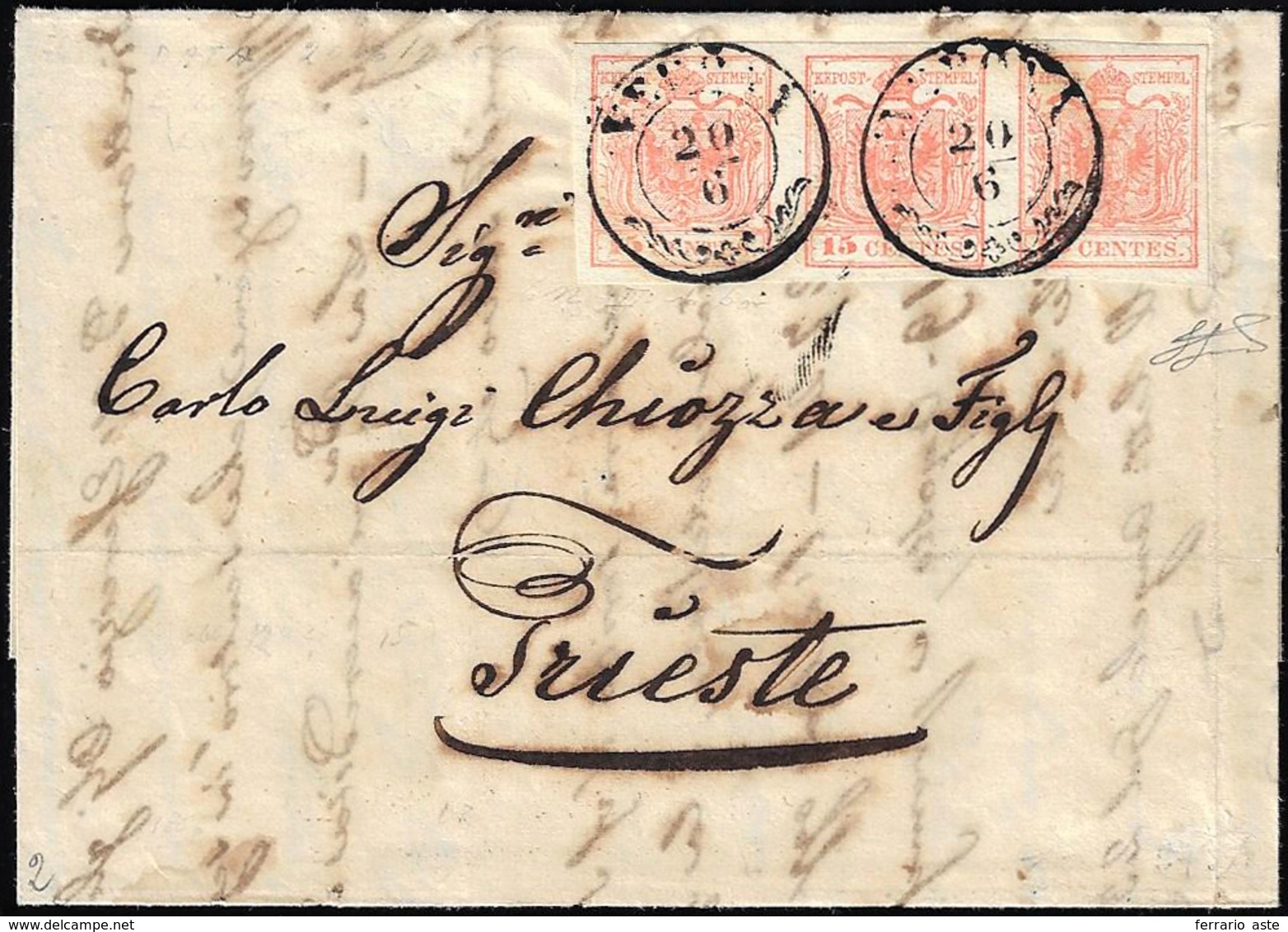 1856 - 15 Cent. Rosso Vermiglio Chiaro, Carta A Macchina (20a), Striscia Di Tre, Perfetta, Su Letter... - Lombardo-Vénétie