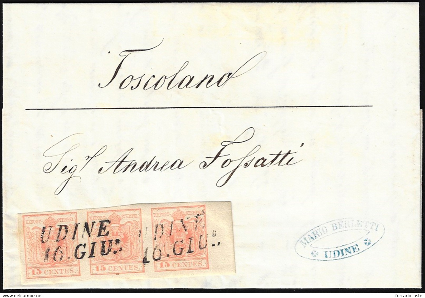 1857 - 15 Cent. Rosso Vermiglio Chiaro, Carta A Macchina (20a), Striscia Di Tre, Bordo Di Foglio, Su... - Lombardo-Vénétie