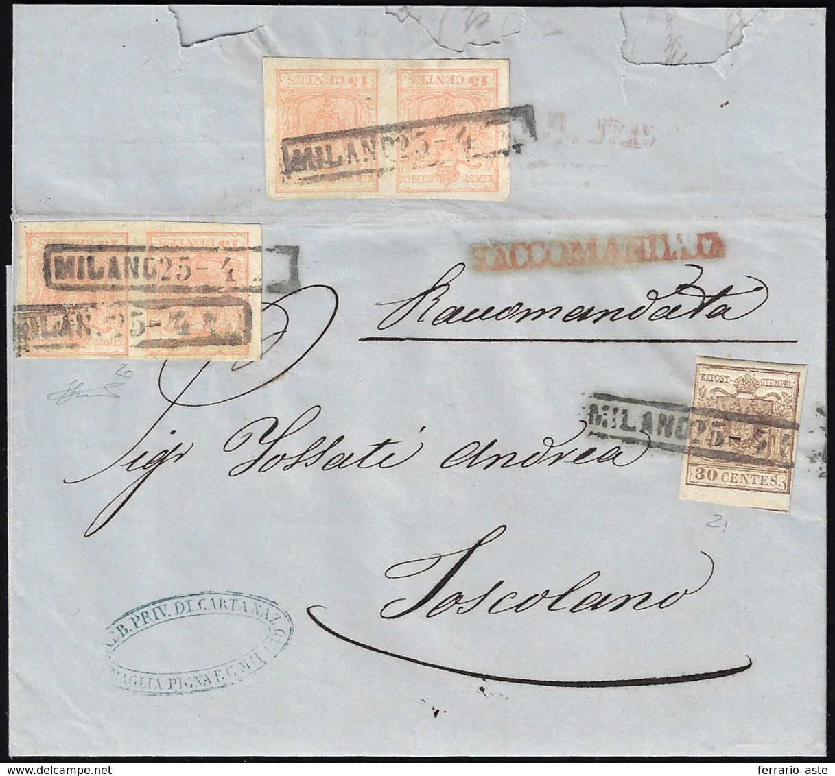 1858 - 15 Cent. Rosa Salmone, Due Coppie, Una Al Verso, 30 Cent. Bruno, Tutti Carta A Macchina (20d,... - Lombardo-Vénétie