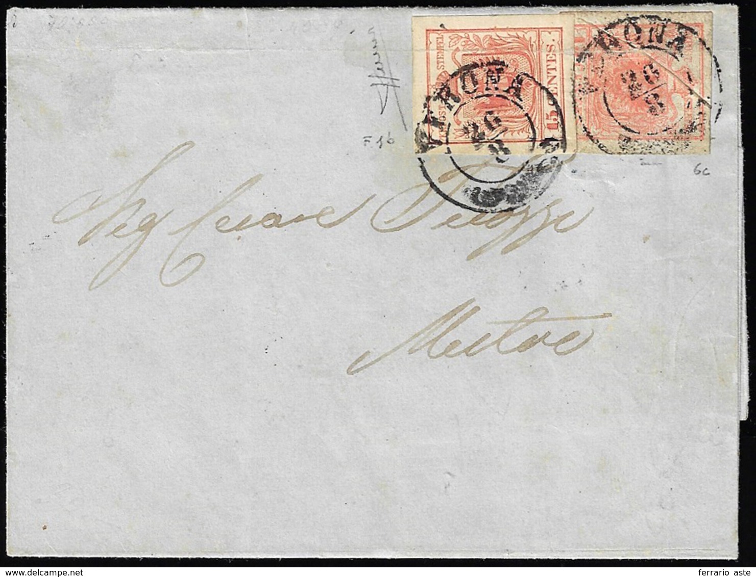 1853 - 15 Cent. Rosso, Brunastro, FALSO PER POSTA DI VERONA, 15 Cent. Rosa Rosso, Carta A Mano, Pli ... - Lombardo-Vénétie