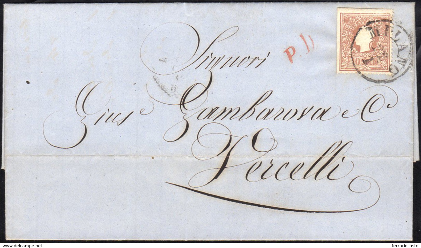 1859 - 10 Soldi Bruno, I Tipo (26), Separato Con Le Forbici Su Due Lati, Su Lettera Da Milano 22/1/1... - Lombardo-Vénétie