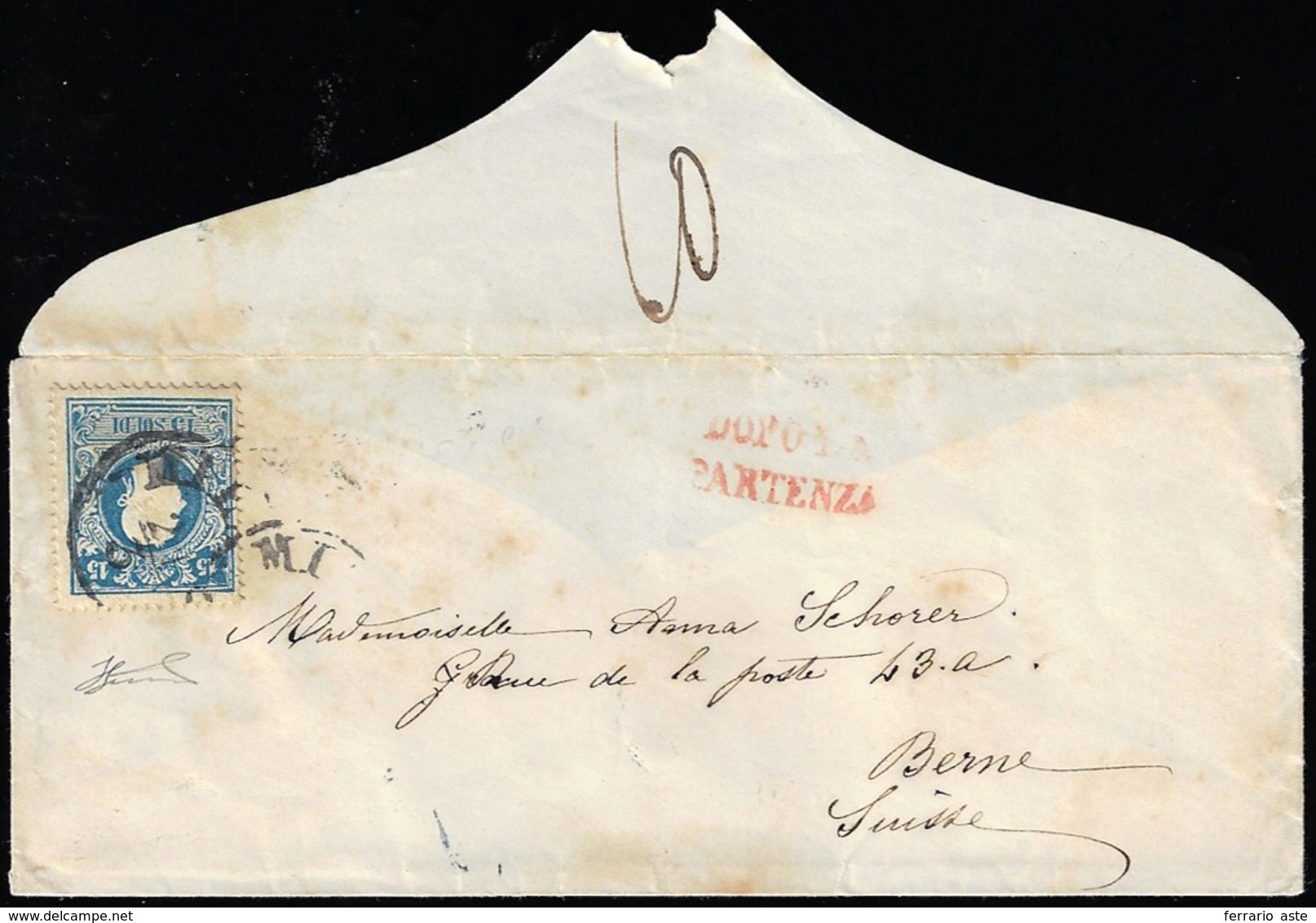 1859 - 15 Soldi Azzurro, II Tipo (32), Perfetto, Su Busta Franca A Destino Da Milano 21/3/1859 Per B... - Lombardo-Vénétie