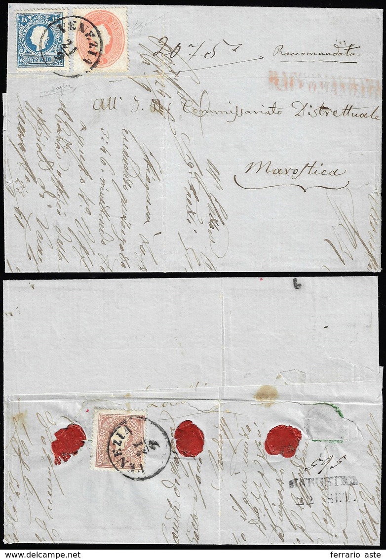 1861 - 15 Soldi Azzurro, II Tipo, 10 Soldi Bruno, II Tipo, Al Verso E 5 Soldi Rosso Chiaro, II Emiss... - Lombardije-Venetië