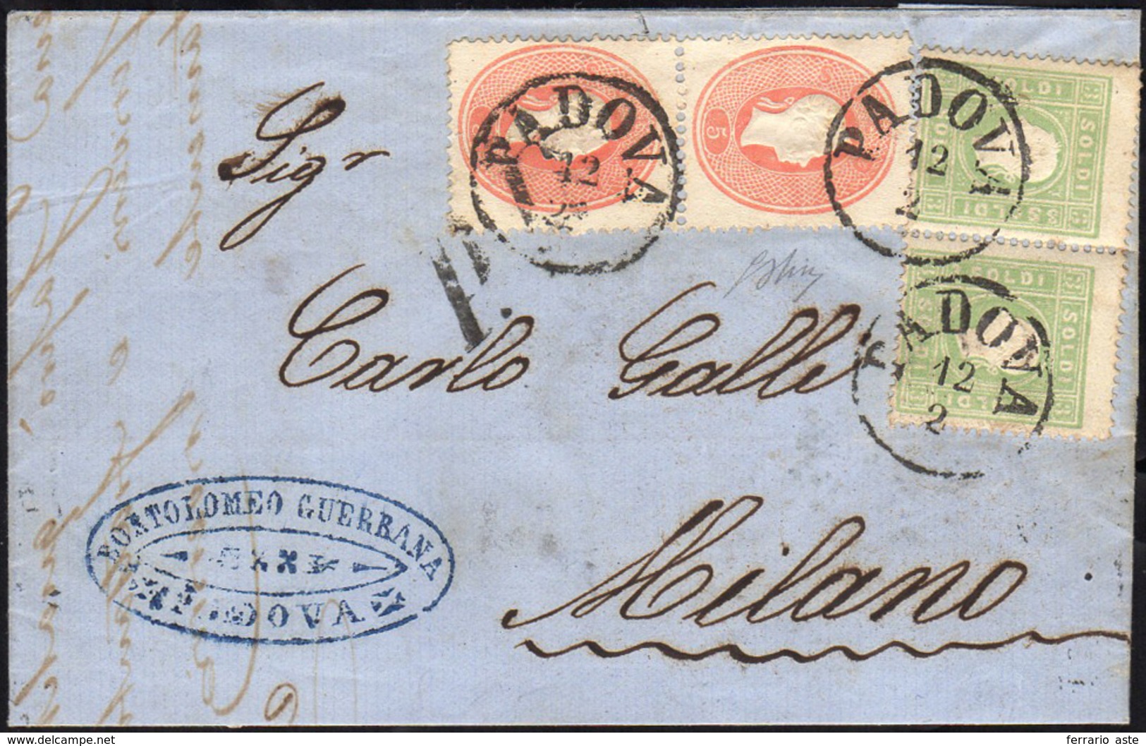 1863 - 5 Soldi Rosso, Coppia, 3 Soldi Verde Azzurrognolo, Coppia (33,35a), Perfette, Su Lettera Da P... - Lombardo-Vénétie