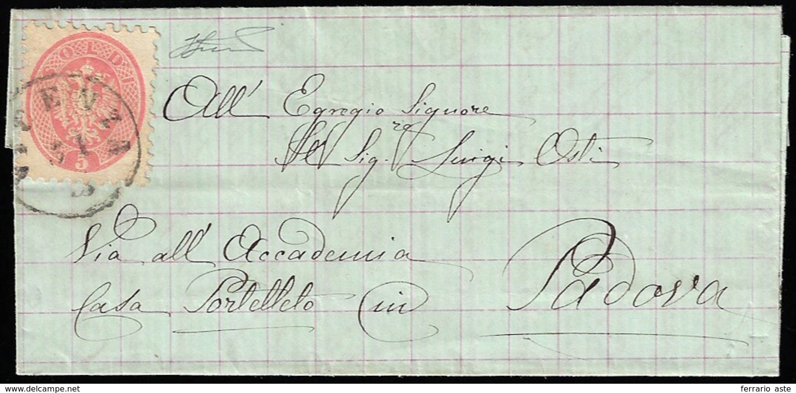 1864 - 5 Soldi Rosa, Dent. 9 1/2 (43), Perfetto, Su Lettera Di Colore Verde A Quadretti Rosa Da Vice... - Lombardo-Vénétie