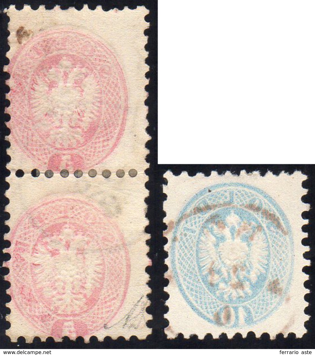 1864 - 5 Soldi Rosa, Coppia Verticale, 10 Soldi Azzurro, Dent. 9 1/2, Tutti Con Nitido Decalco (43b,... - Lombardo-Vénétie