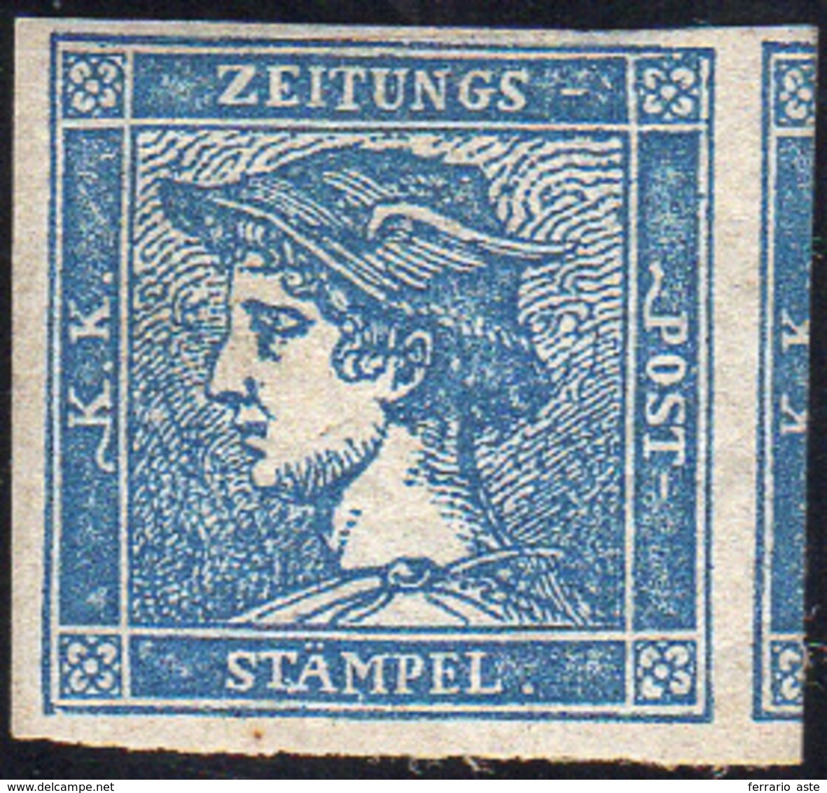 1854 - 3 Cent. Mercurio Azzurro, II Tipo (2), Gomma Originale, Perfetto. Cert. Ferrario.... - Lombardo-Vénétie