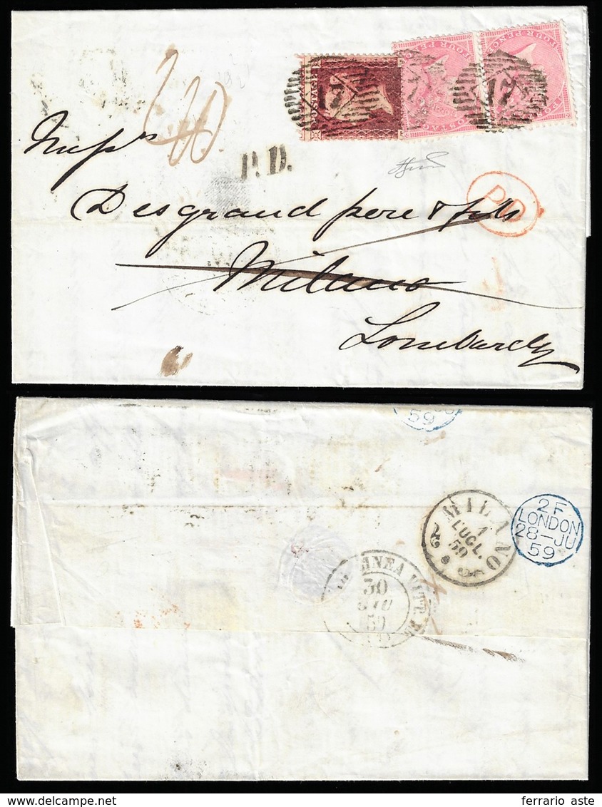 1859 - 1 Penny, 4 Pence, Due Esemplari (14,18), Perfetti, Su Lettera Da Londra 28/6/1859 A Milano 1/... - Lombardo-Vénétie