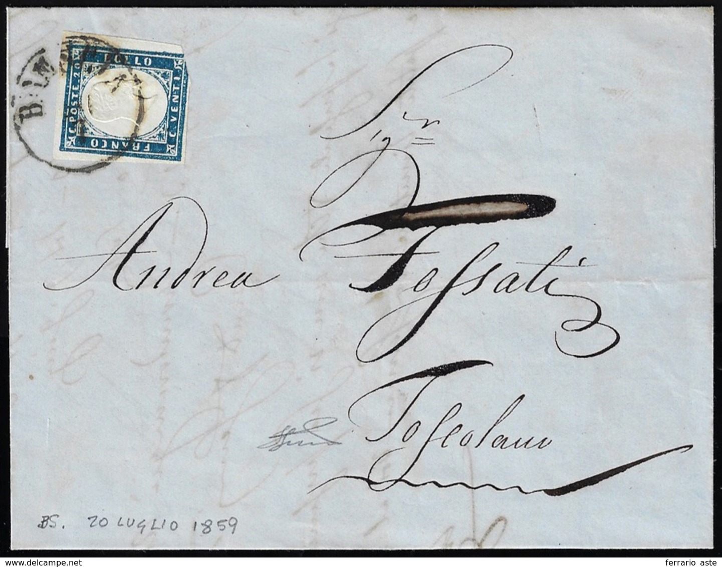 1859 - 20 Cent. Azzurro Scuro (15B), Difettoso, Su Lettera Da Brescia 20/7/1859 A Toscolano, Bollo D... - Lombardo-Vénétie