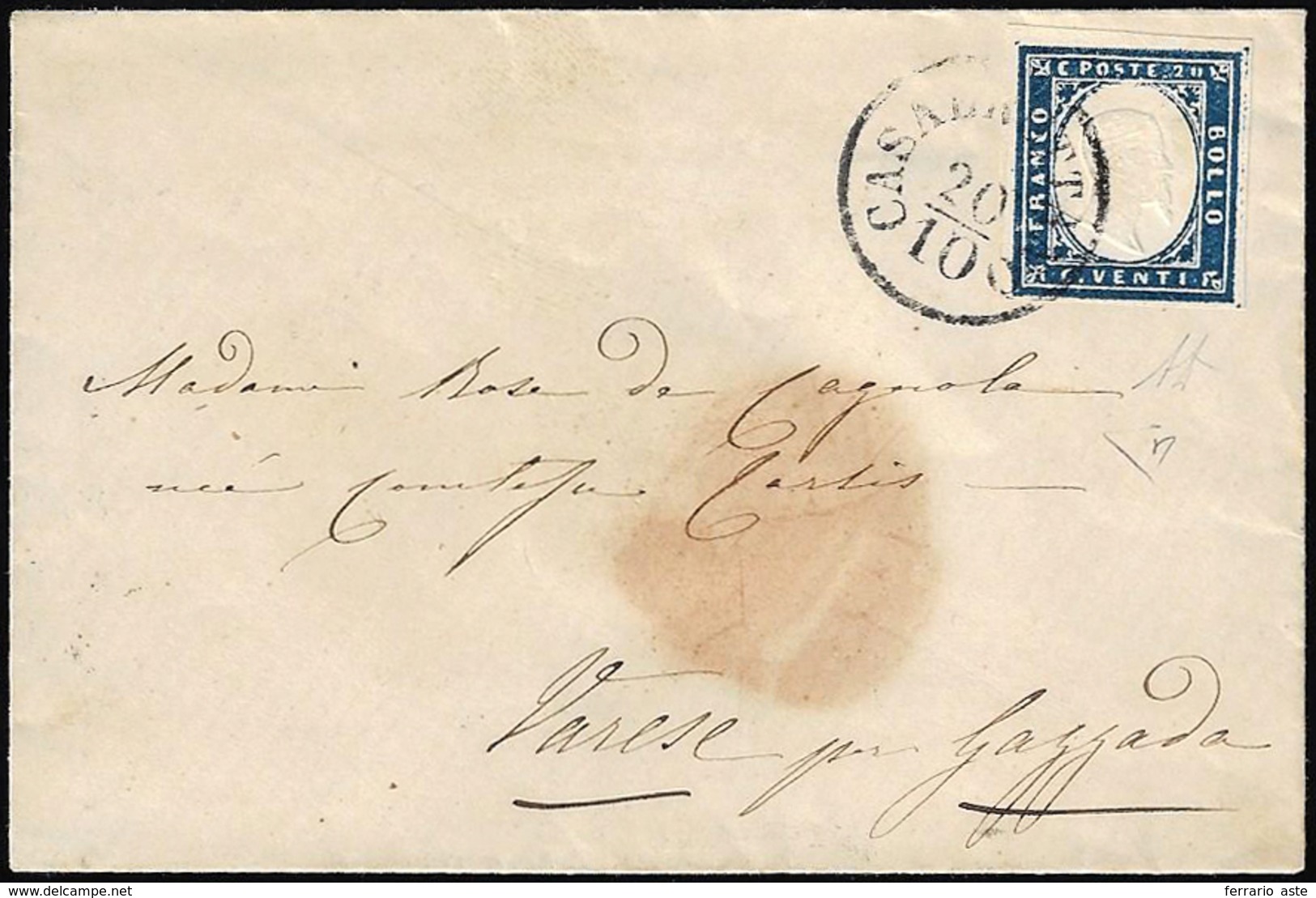 CASALBUTTANO, C1 Punti 8 - 20 Cent. (Sardegna 15C), Perfetto, Su Busta Del 20/10/1861 Per Gazzada. A... - Lombardo-Vénétie