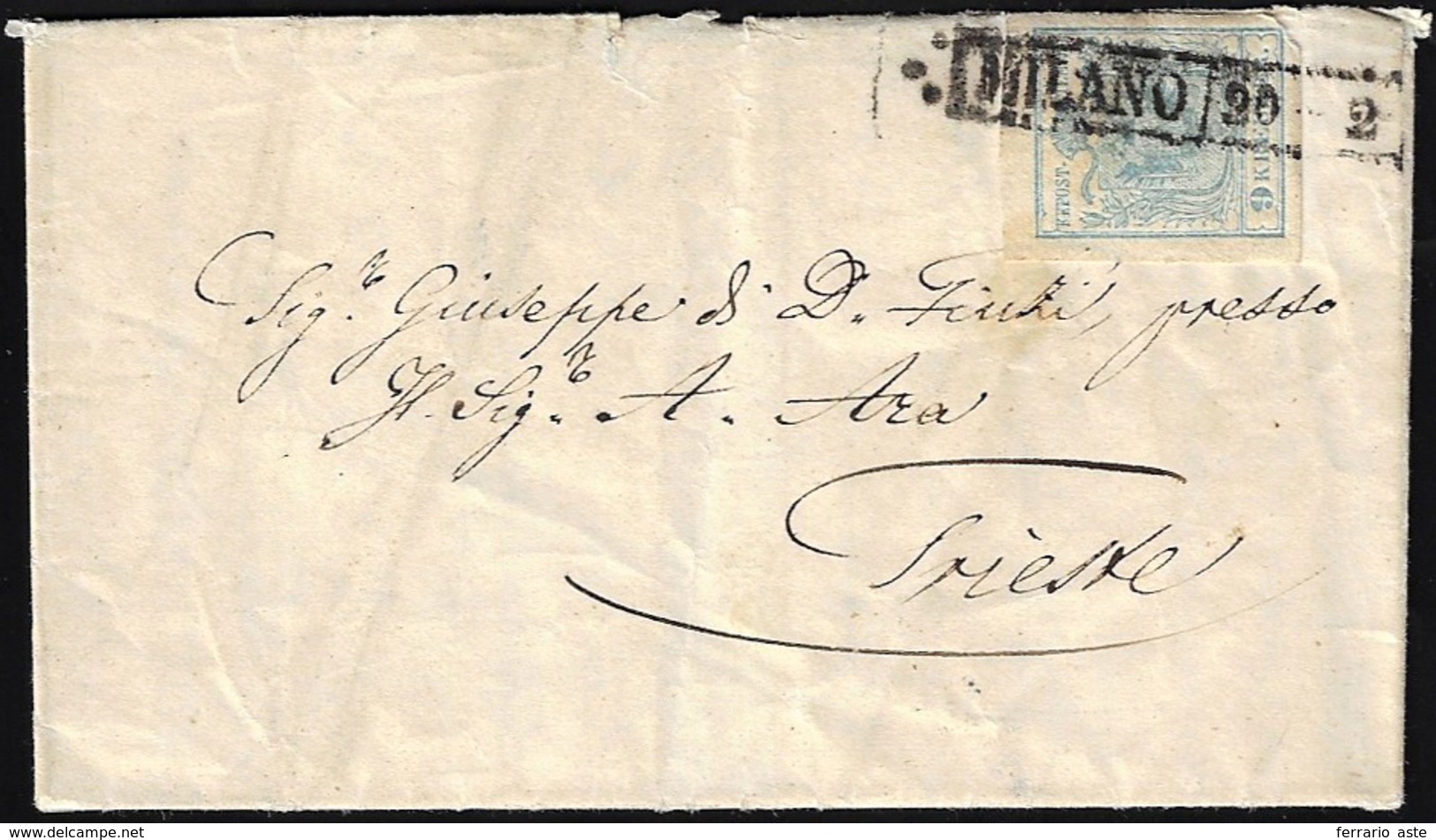 MILANO, R51 Punti 7 - 9 Kr. Azzurro Chiaro (Austria 5c), Ottimo Stato, Su Lettera Del 20/2/1851 Per ... - Lombardo-Vénétie