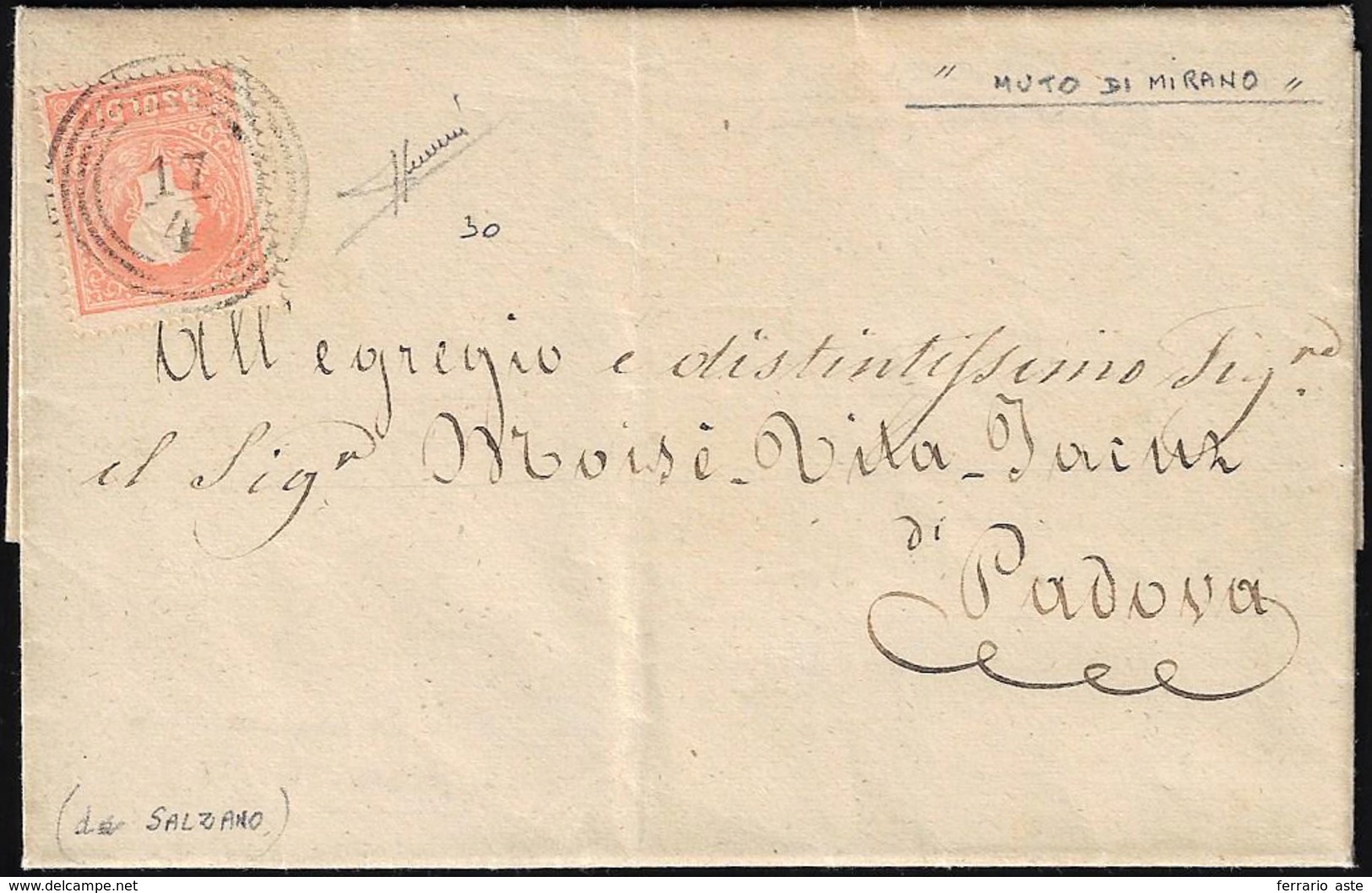 MIRANO, C4/M Non Catalogato Su Questa Emissione - 5 Soldi (30), Perfetto, Su Lettera Del 17/4/1859 P... - Lombardo-Vénétie