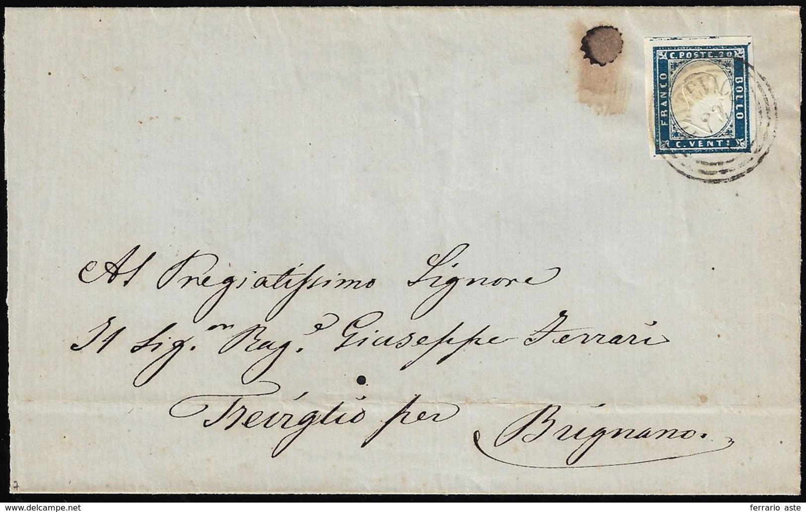 PONTEVICO, C3 Punti 7 - 20 Cent. (Sardegna 15Ba), Perfetto, Su Sovracoperta Di Lettera Del 28/8/1859... - Lombardo-Vénétie