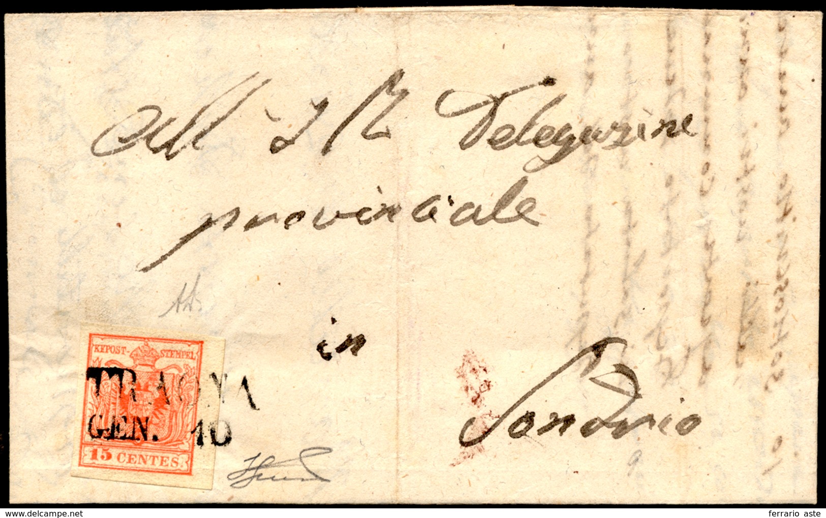 TRAONA, Sd Punti 10 - 15 Cent. Rosso (6), Perfetto, Su Lettera Del 10/1/1853 Per Sondrio, Non Comune... - Lombardo-Vénétie