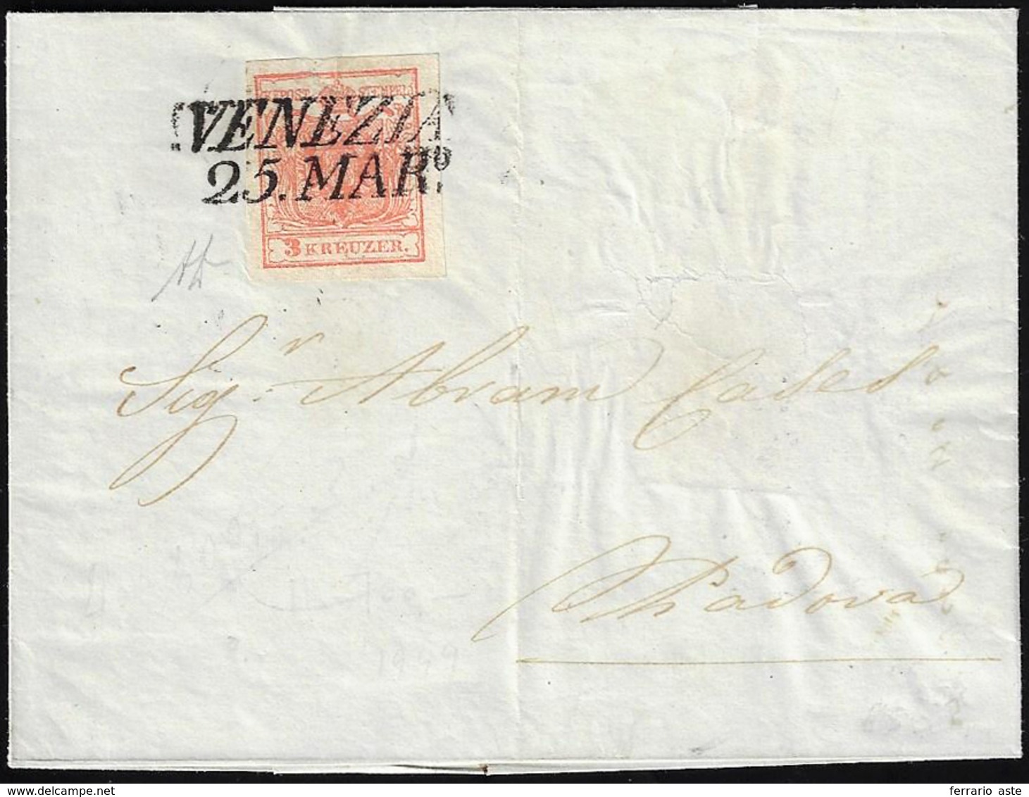 VENEZIA, SI Punti 6 - 3 Kr. Rosso (Austria 3), Perfetto, Su Lettera Del 25/3/1853 A Padova. A.Diena.... - Lombardo-Vénétie