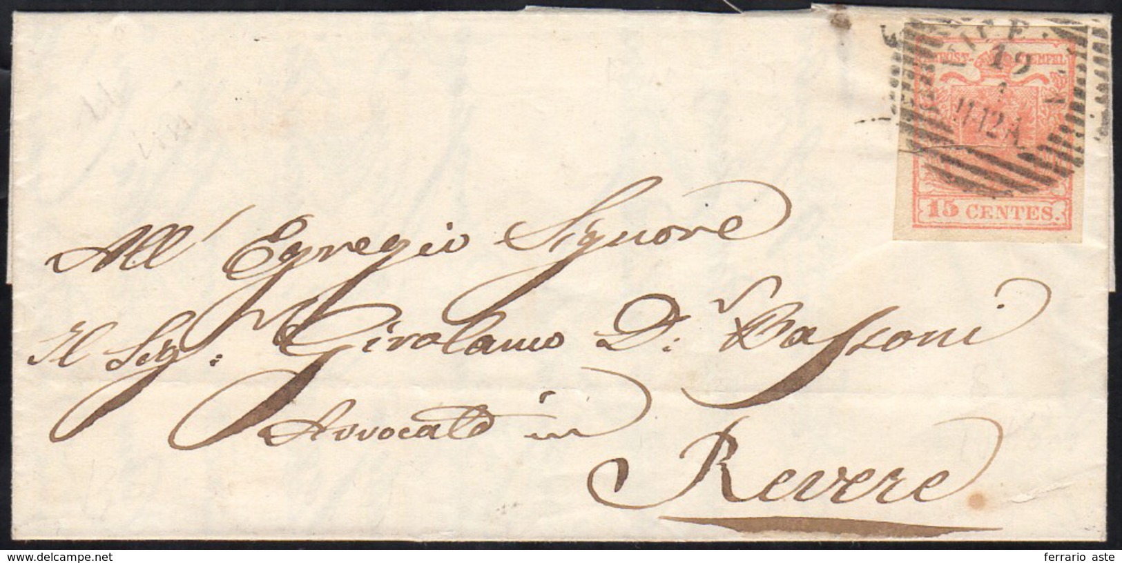 VICENZA, LO11-12A Punti 9 - 15 Cent. (5), Pli Accordéon, Perfetto, Su Lettera Del 12/1/1852 Per Reve... - Lombardo-Vénétie