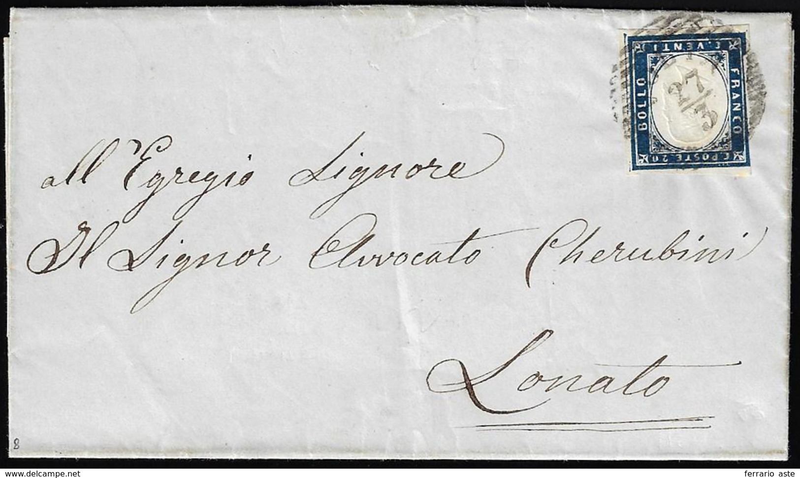 VOLTA, LO Punti 8 - 20 Cent. (Sardegna 15Bb), Intaccato A Sinistra, Su Lettera Del 27/3/1860 Per Lon... - Lombardo-Vénétie