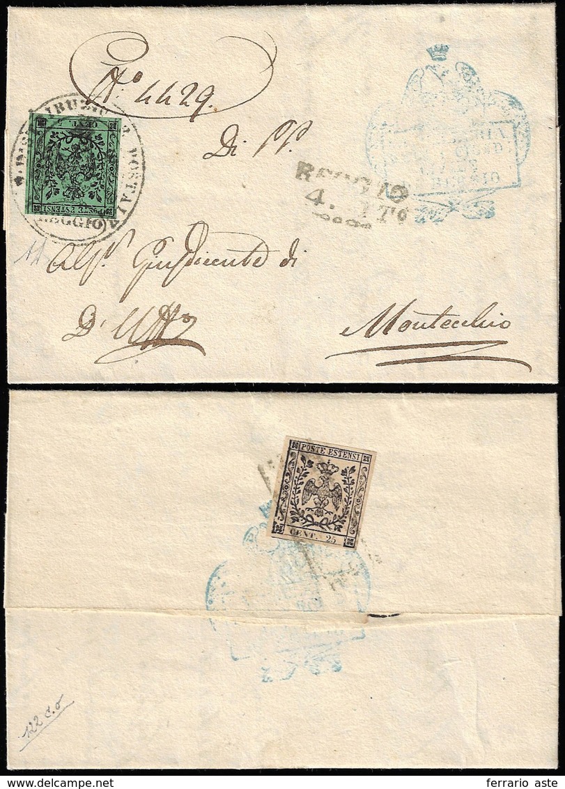 1854 - 5 Cent. Verde E, Al Verso, 25 Cent. Camoscio Chiaro, Entrambi I Emissione (1,4), Perfetti, Su... - Modène