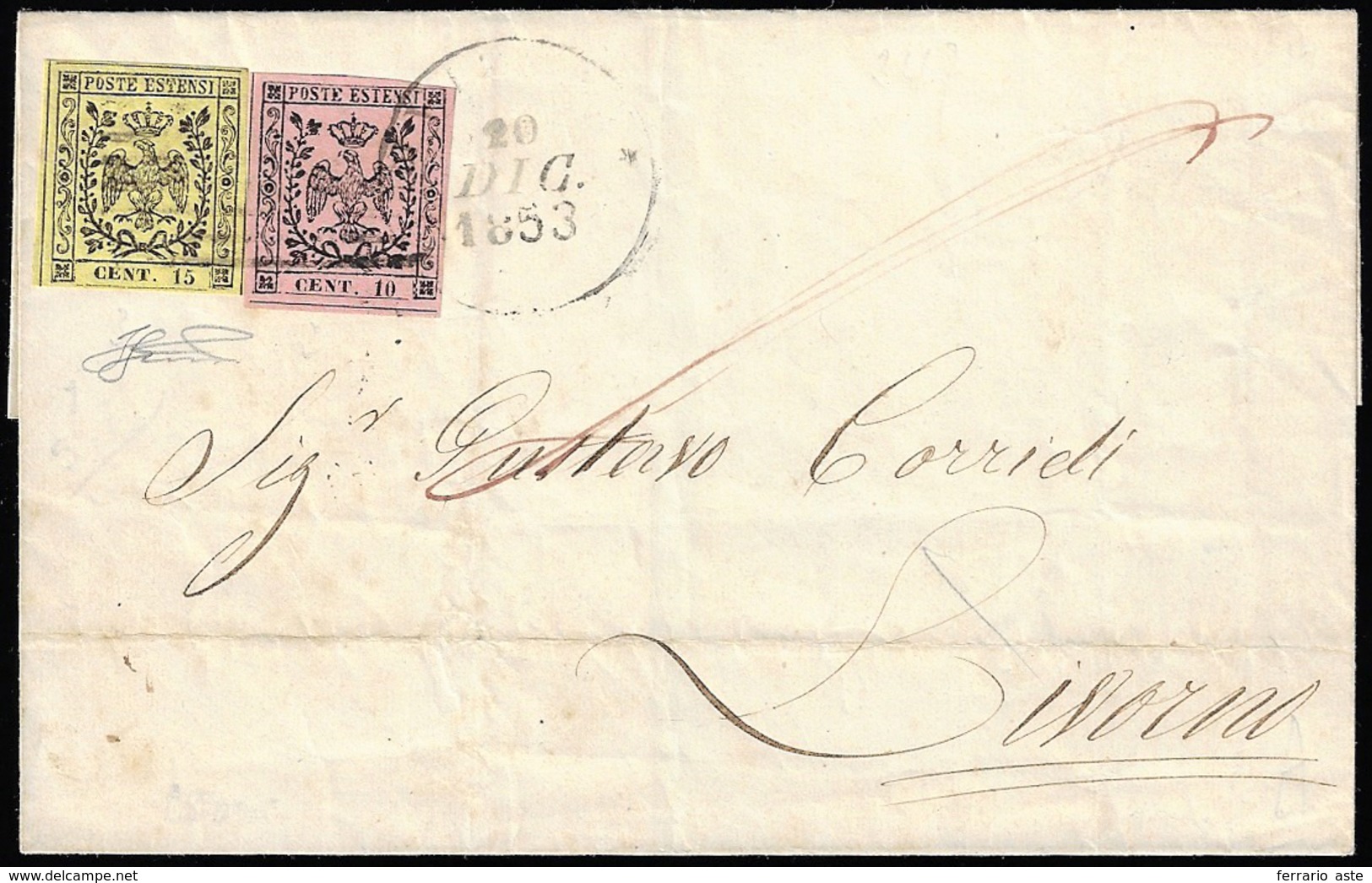 1853 - 10 Cent. Rosa, 15 Cent. Giallo (2,3), Perfetti, Su Sovracoperta Di Lettera Da Fivizzano 20/12... - Modène