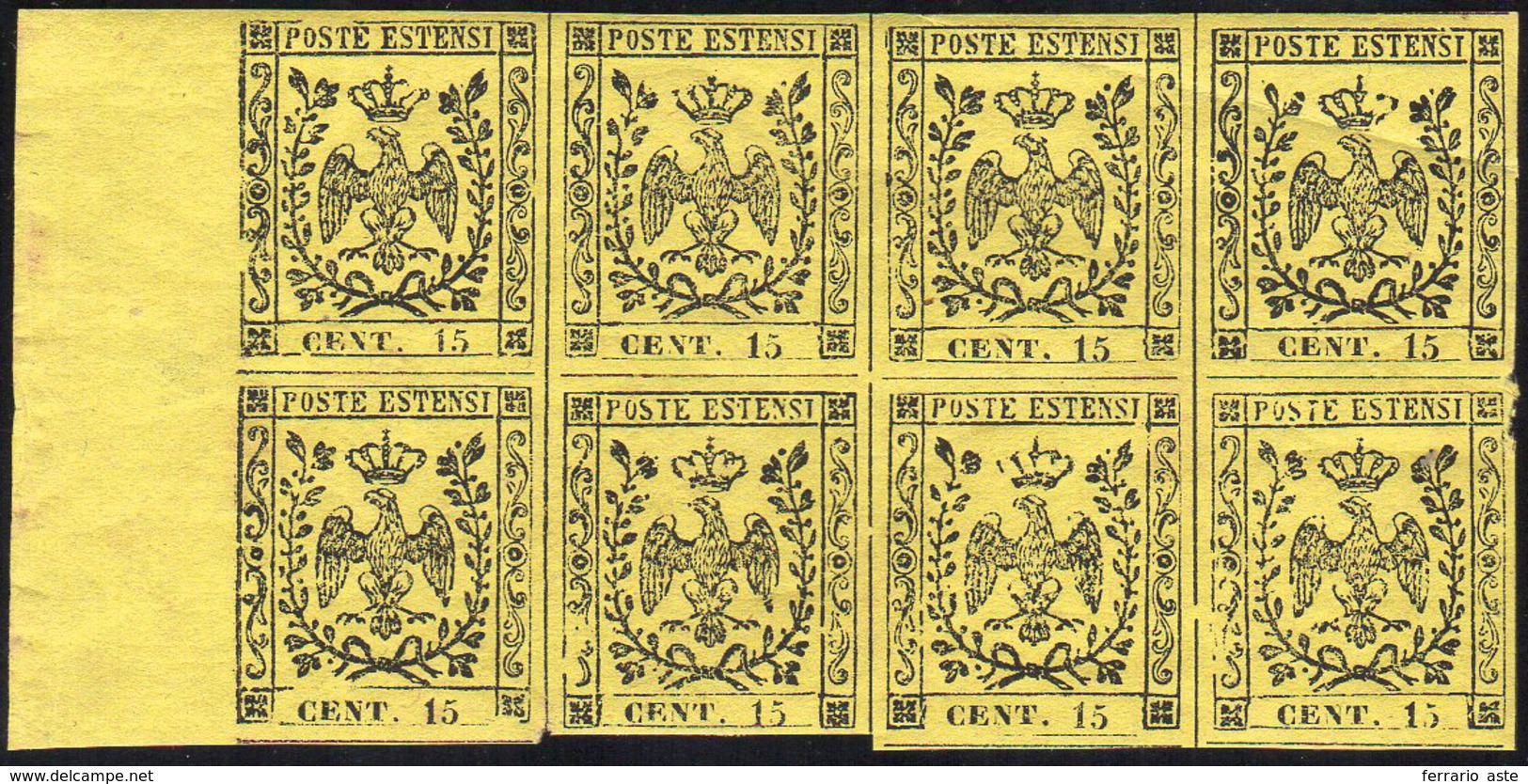 1852 - 15 Cent. Giallo (3), Blocco Di Otto Bordo Di Foglio, Nuovo, Gomma Originale Integra, Perfetto... - Modène