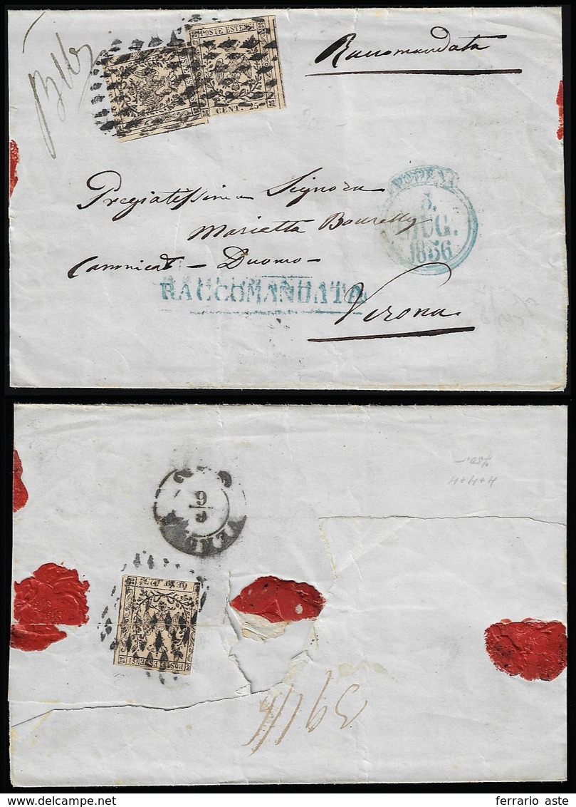 1856 - 25 Cent. Camoscio (4), Due Esemplari Al Recto, Perfetti, E Uno Al Verso, Lacerato All'apertur... - Modène