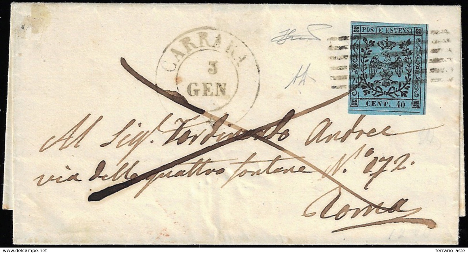 1853 - 40 Cent. Celeste (5), Perfetto, Su Sovracoperta Di Lettera Da Carrara 3/1/1853 A Roma. Rara E... - Modène