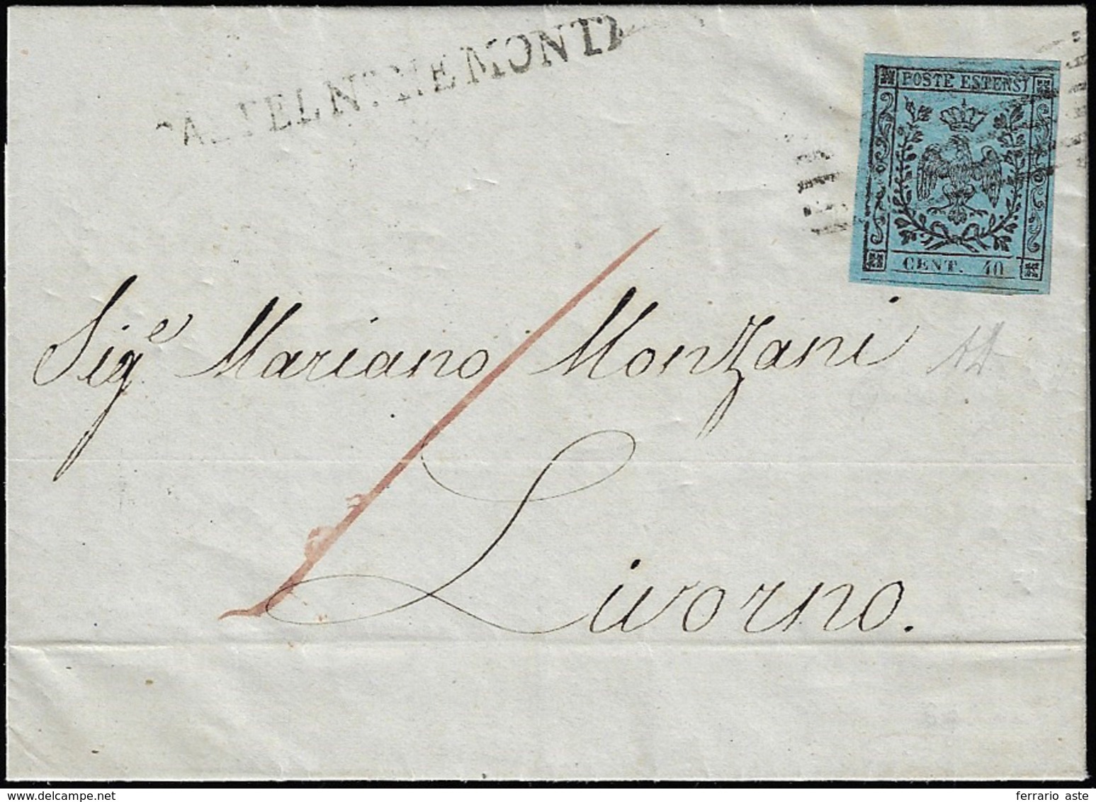 1855 - 40 Cent. Celeste (5), Perfetto, Su Lettera Da Castelnovo Ne'Monti 23/7/1855 A Livorno. Bella!... - Modène