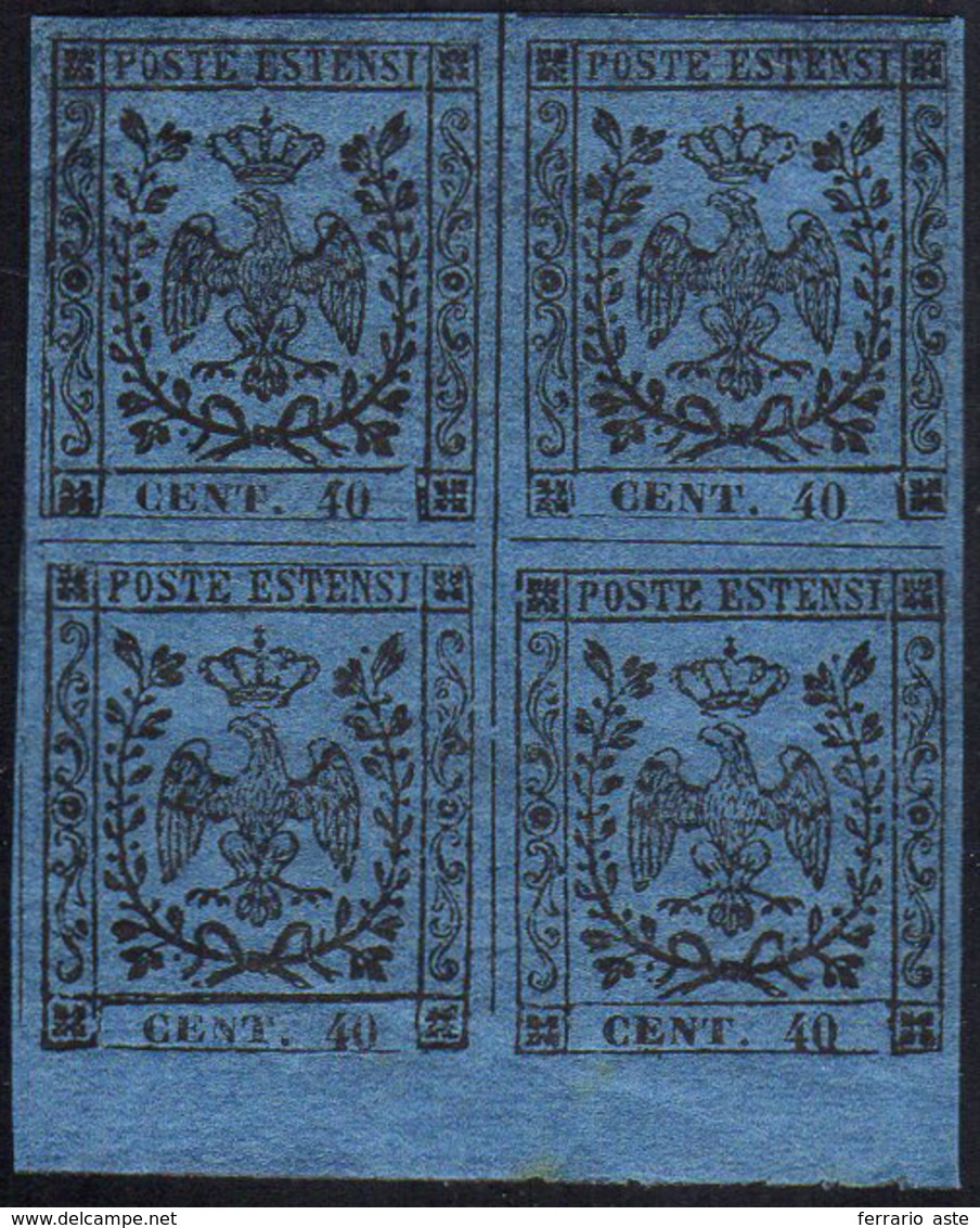 1852 - 40 Cent. Azzurro Scuro, I Emissione (6), Blocco Di Quattro Bordo Di Foglio In Basso, Gomma Or... - Modène