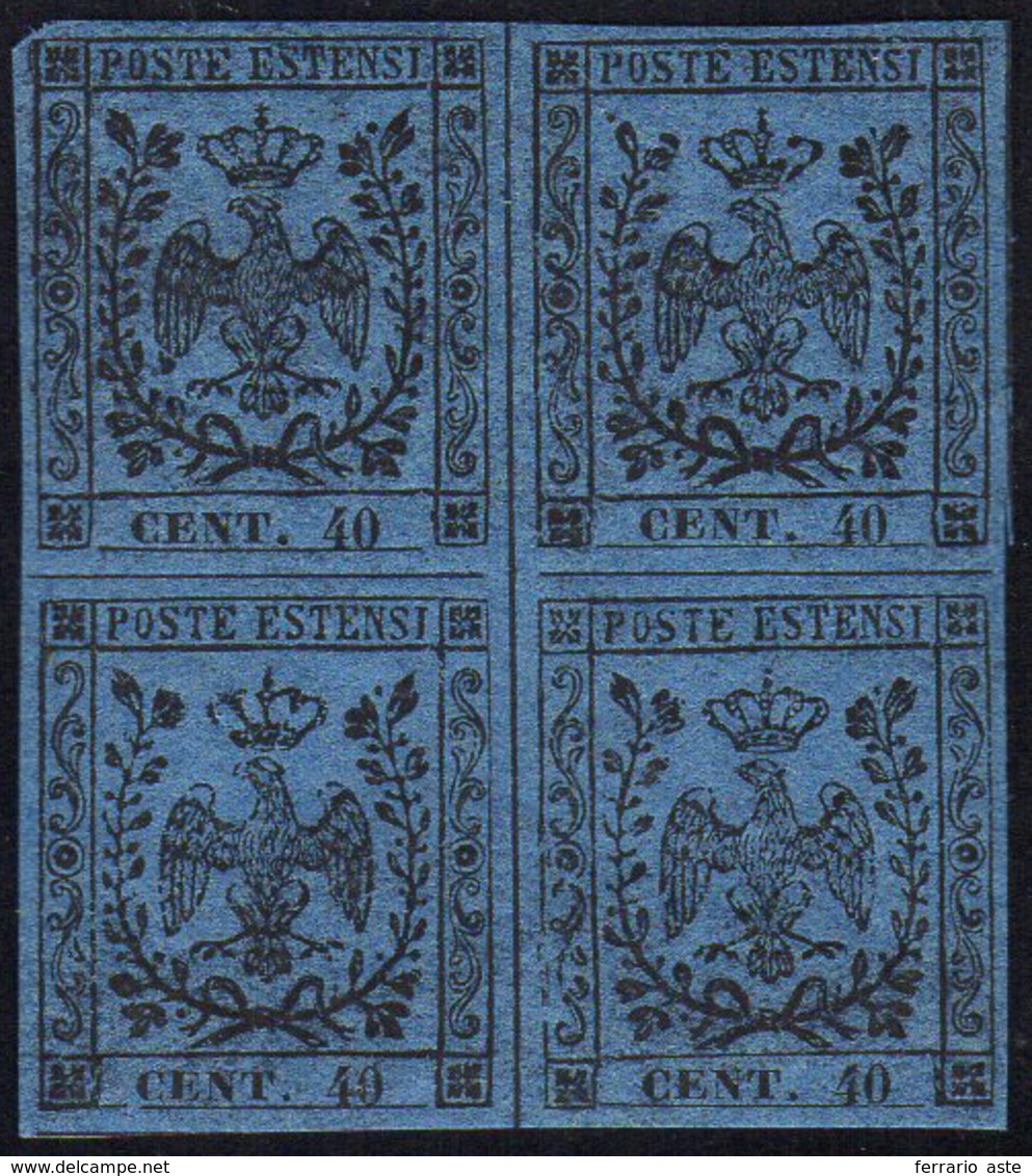 1852 - 40 Cent. Azzurro Scuro, I Emissione (6), Blocco Di Quattro, Gomma Originale Integra, Perfetto... - Modène