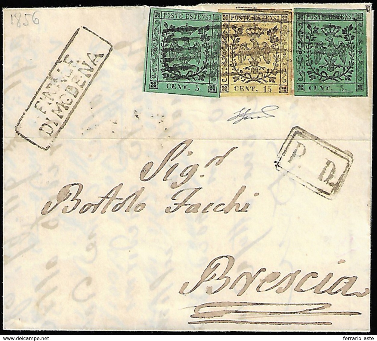 1856 - 5 Cent. Verde, II Emissione, 15 Cent. Giallo (7,3), Perfetti, Su Lettera Da Finale Di Modena ... - Modène