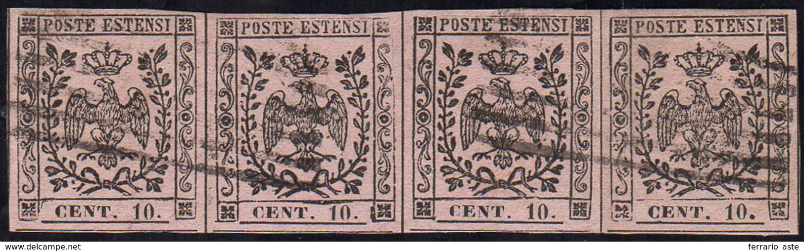 1854 - 10 Cent. Rosa, II Emissione (9), Striscia Di Quattro, Usata, Perfetta. G.Bolaffi, Emilio Dien... - Modène