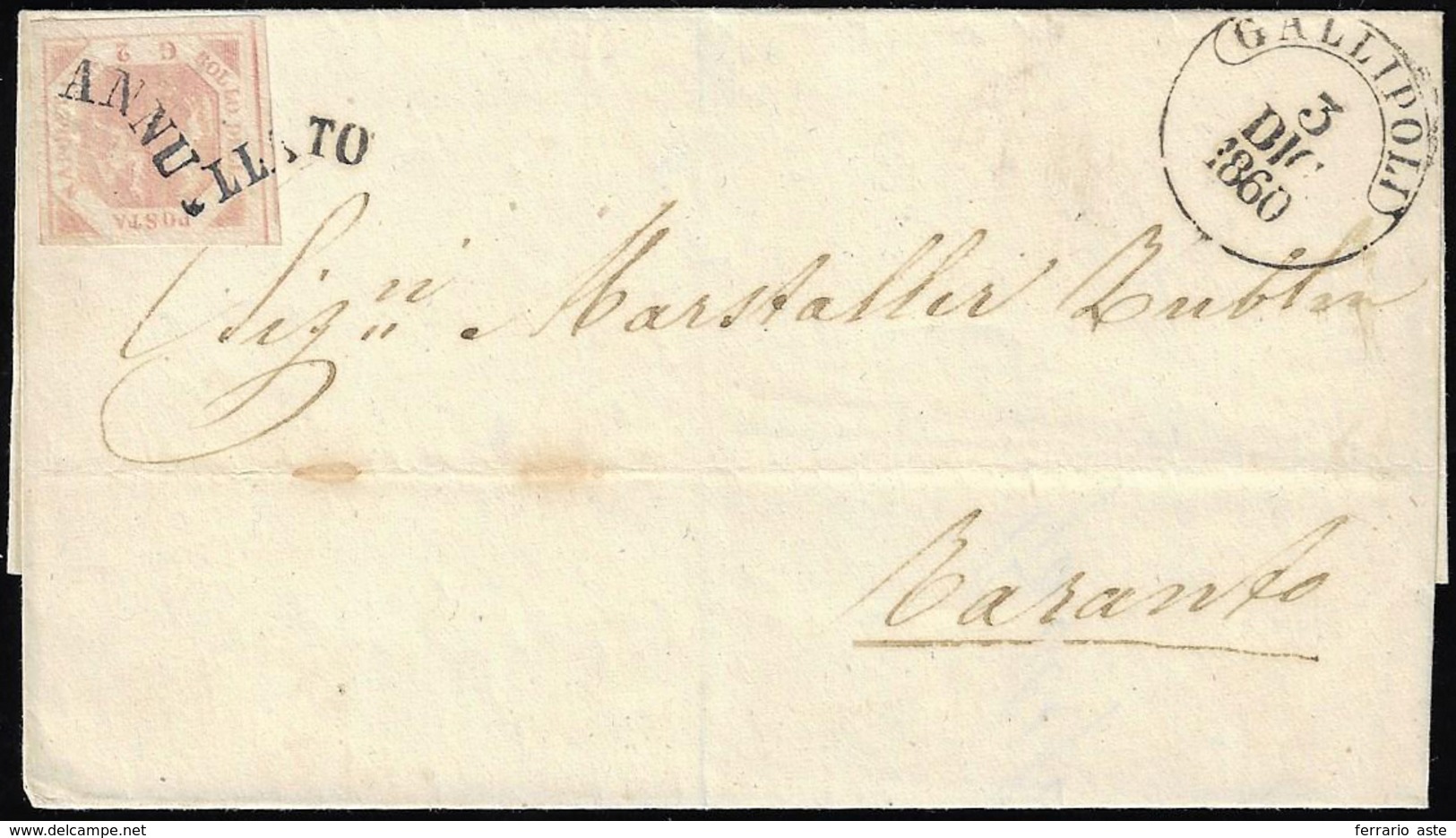 1860 - 2 Grana Rosa Chiaro, III Tavola (7b), Perfetto, Su Sovracoperta Di Lettera Da Gallipoli 3/12/... - Nápoles