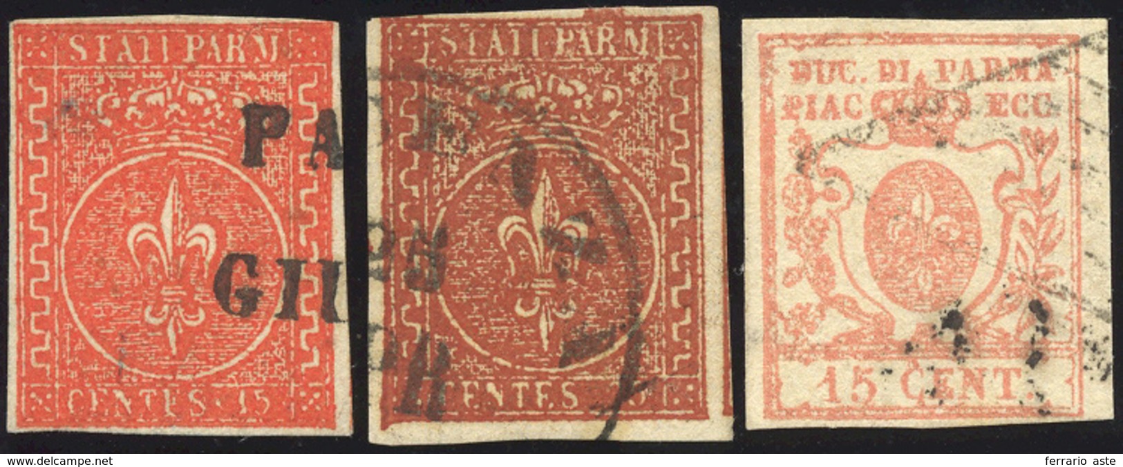 1853/59 - 15 Cent. Vermiglio, 25 Cent. Bruno Rosso E 15 Cent. Vermiglio (7/9), Usati, Perfetti. Firm... - Parma