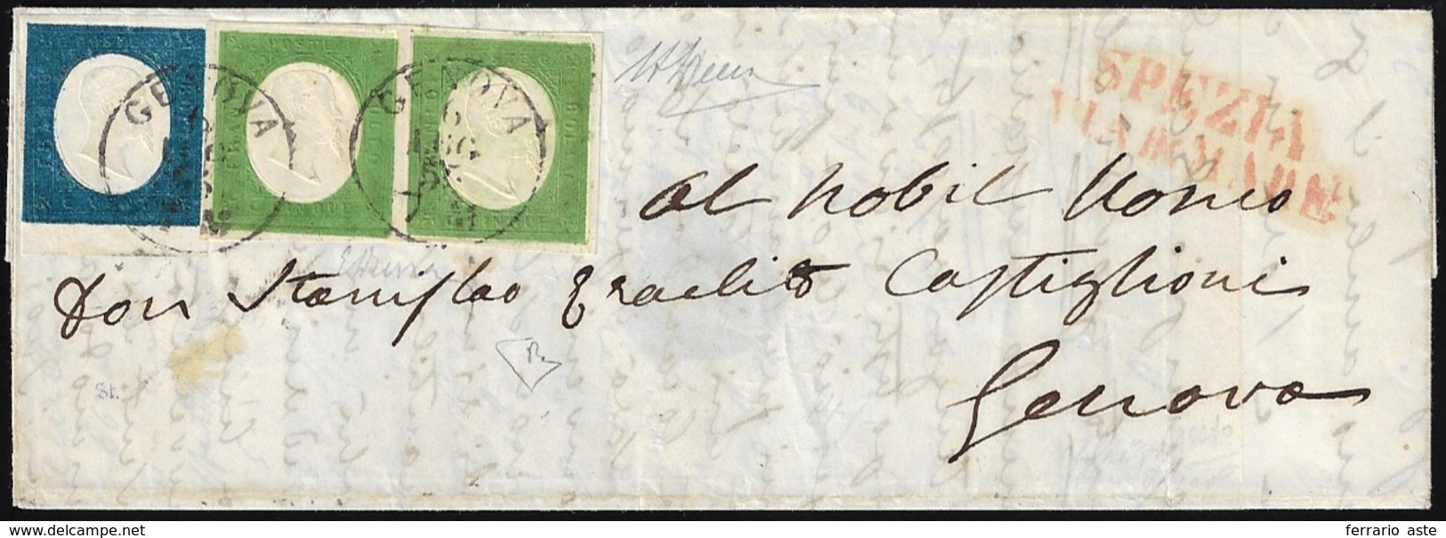 1855 - 5 Cent. Verde Giallo, Coppia Con Il Secondo Esemplare Doppia Impronta A Secco, 20 Cent. Azzur... - Sardinië