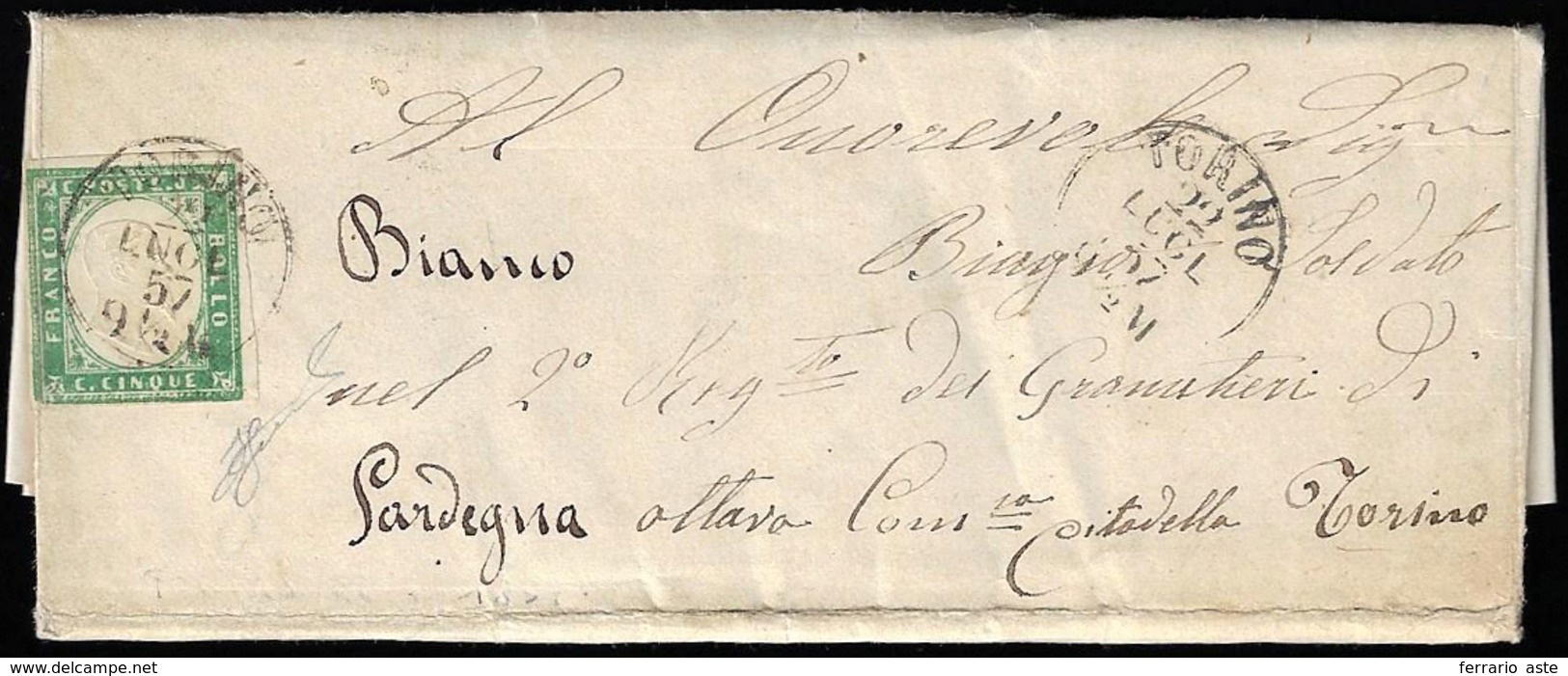 1857 - 5 Cent. Verde Smeraldo (13d), Lieve Piega Verticale, Su Lettera Indirizzata Ad Un Soldato Da ... - Sardinia