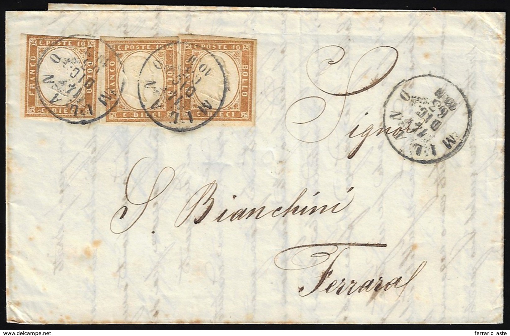 1863 - 10 Cent. Bistro (14E), Tre Esemplari, Uno Sfiorato In Alto, Su Lettera Di Doppio Porto Di Mil... - Autres & Non Classés