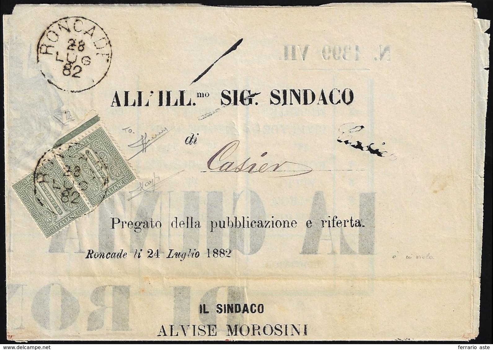 1882 - 1 Cent. De La Rue, Tiratura Di Torino, Bordo Di Foglio In Alto Con Linea Di Colore (T14gd), I... - Autres & Non Classés