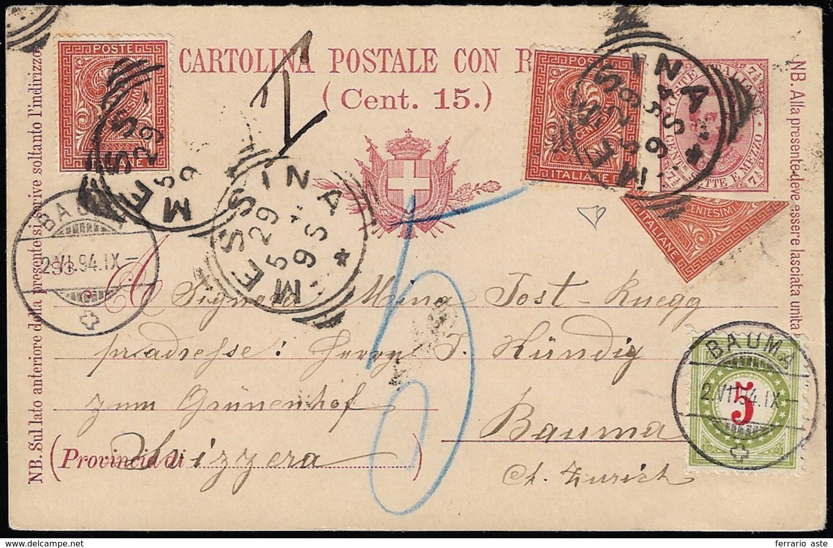 1894 - 7 1/2 Cent. Umberto I, Cartolina Postale Con Risposta, Parte Della Domanda (C19), Integrata P... - Autres & Non Classés