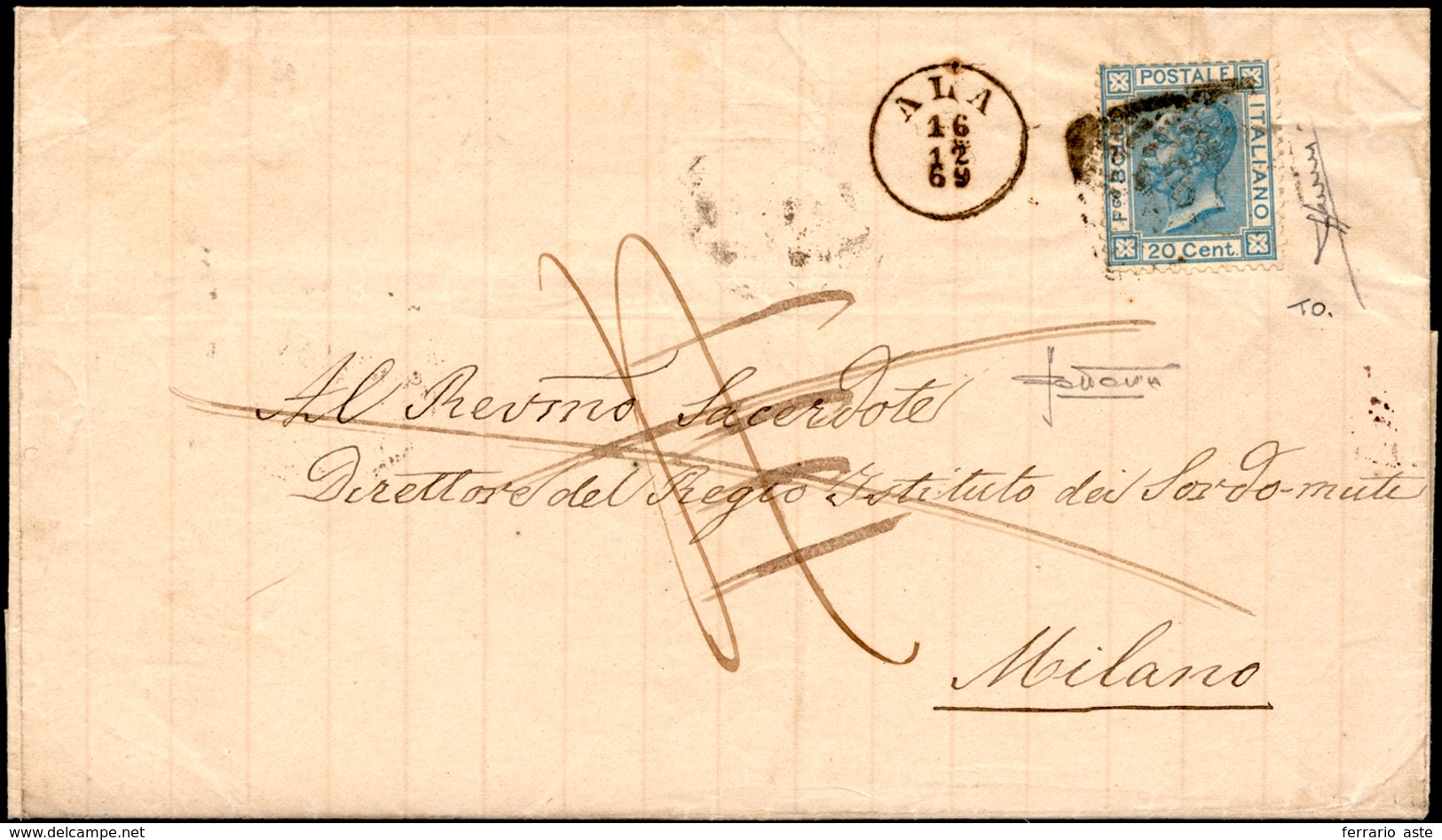 1869 - 20 Cent. Azzurro, Tiratura Di Torino (T26), Difetti, Su Lettera Da Ala 16/12/1869 A Milano, A... - Autres & Non Classés