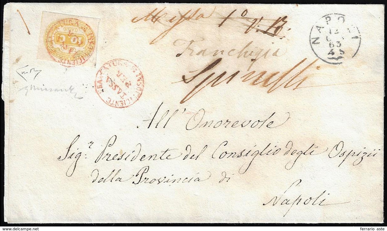 1863 - 10 Cent. Giallo (1), Perfetto, Su Sovracoperta Di Lettera Non Affrancata Da Napoli 12/1/1863 ... - Other & Unclassified