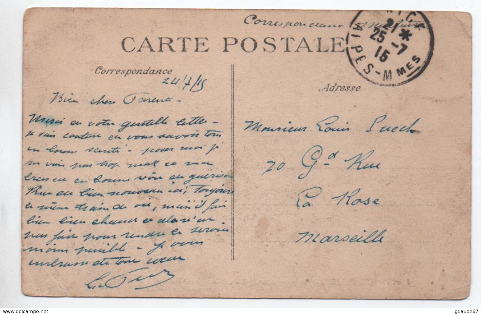 1915 - CP FM Avec CACHET HOPITAL TEMPORAIRE / PARC CHAMBRUN à NICE (ALPES MARITIMES) - WW I