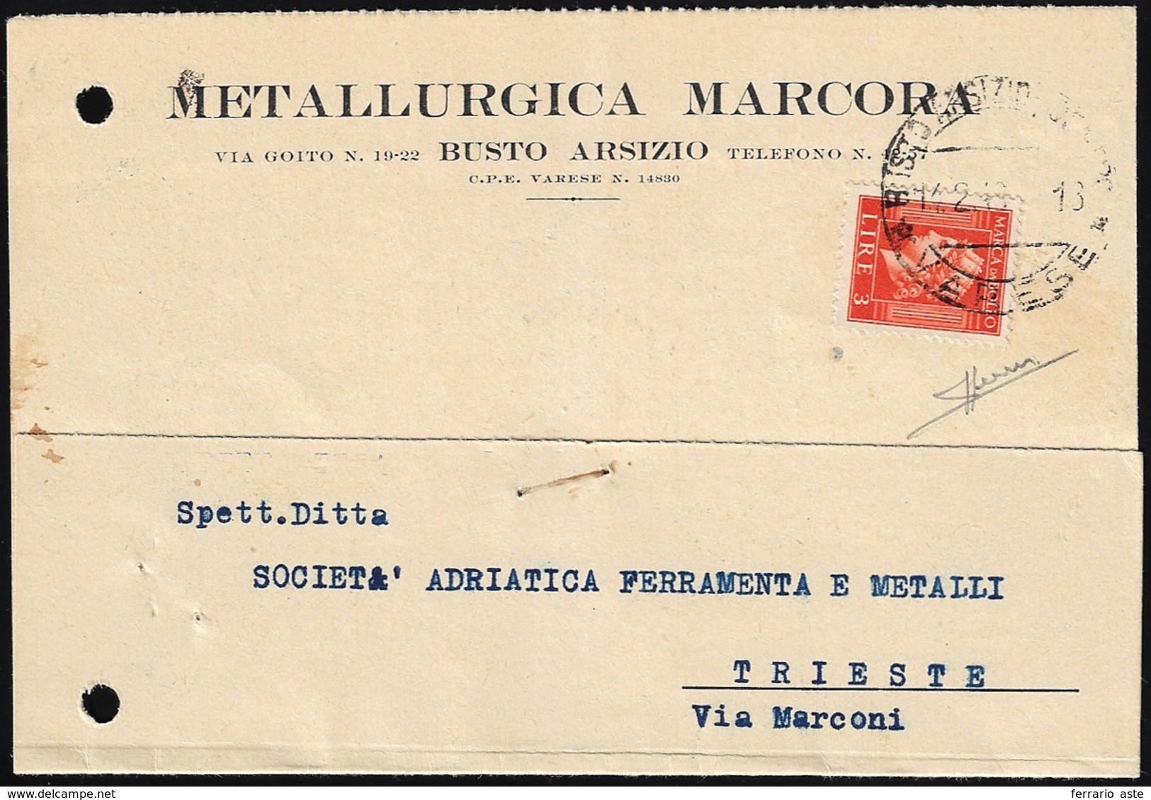 1946 - 3 Lire Marca Da Bollo, Perfetto, Su Cartolina Da Busto Arsizio 14/2/1946 A Treiste. Rara. Sor... - Autres & Non Classés