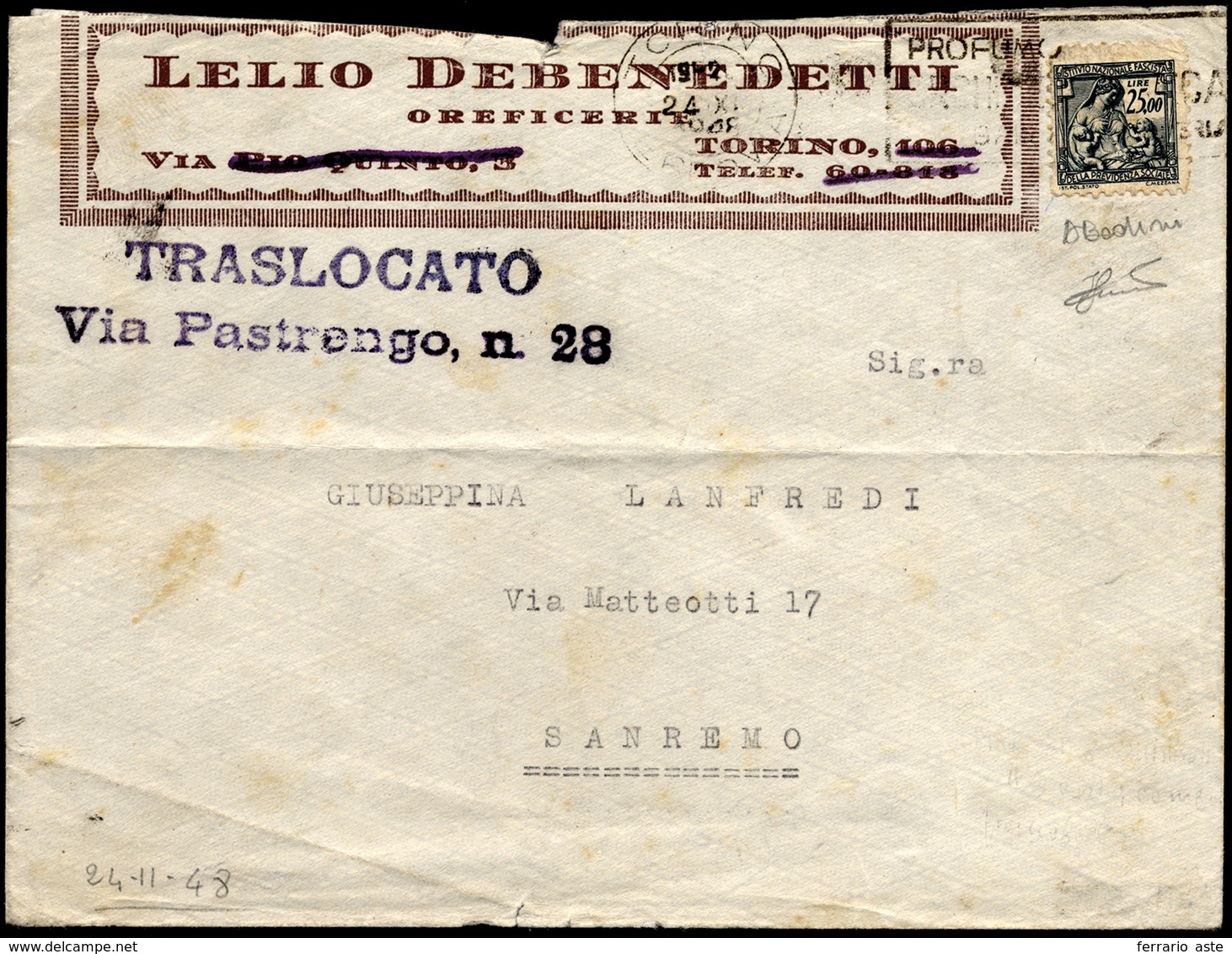 1948 - 25 Lire Marca Da Bollo Dell'Istituto Nazionale Fascista Della Previdenza Sociale, Difetti Di ... - Autres & Non Classés